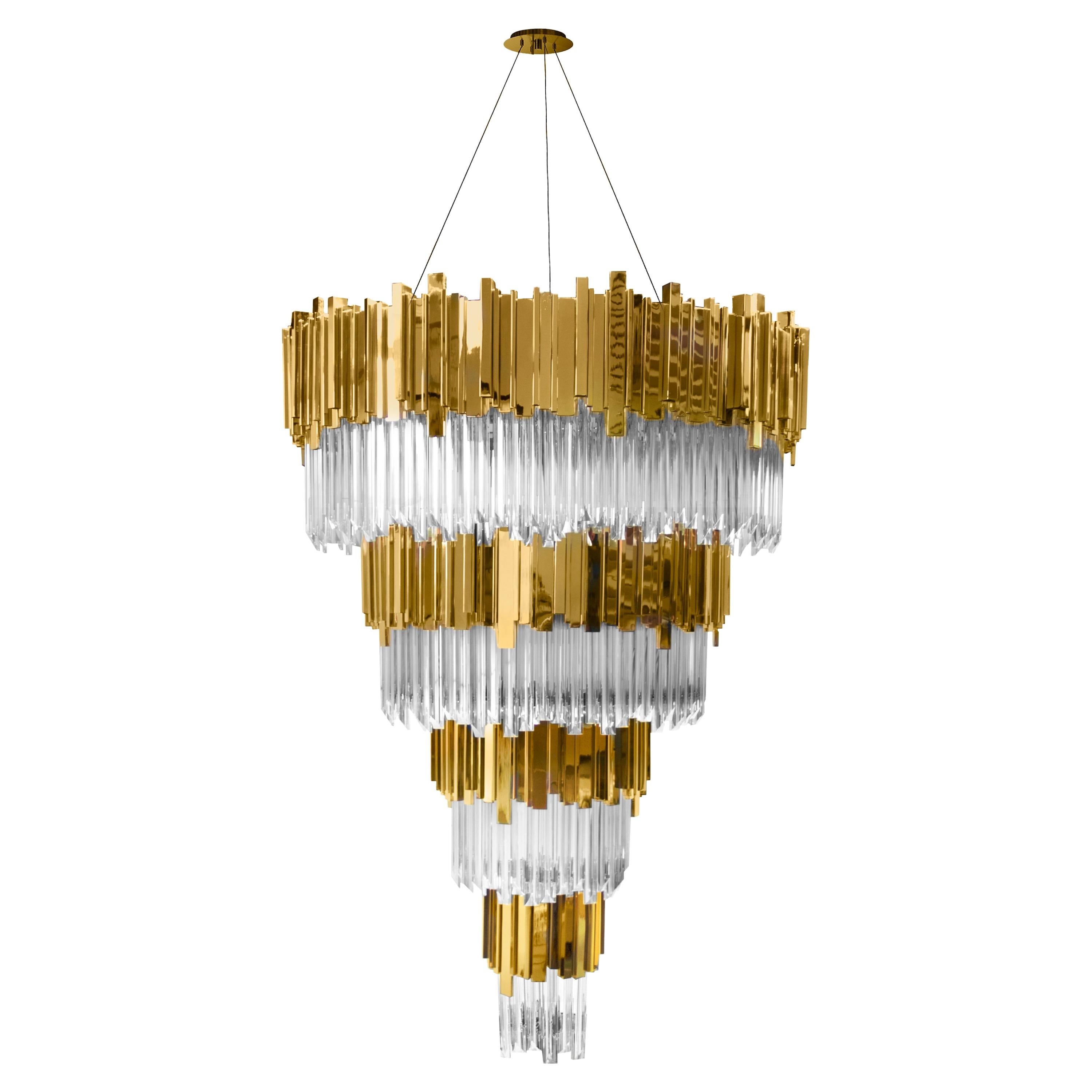 Empire Chandelier in Cascading Brass and Crystal Glass Layers For Sale