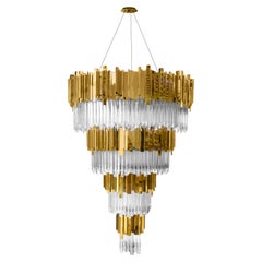 Empire Chandelier in Cascading Brass and Crystal Glass Layers