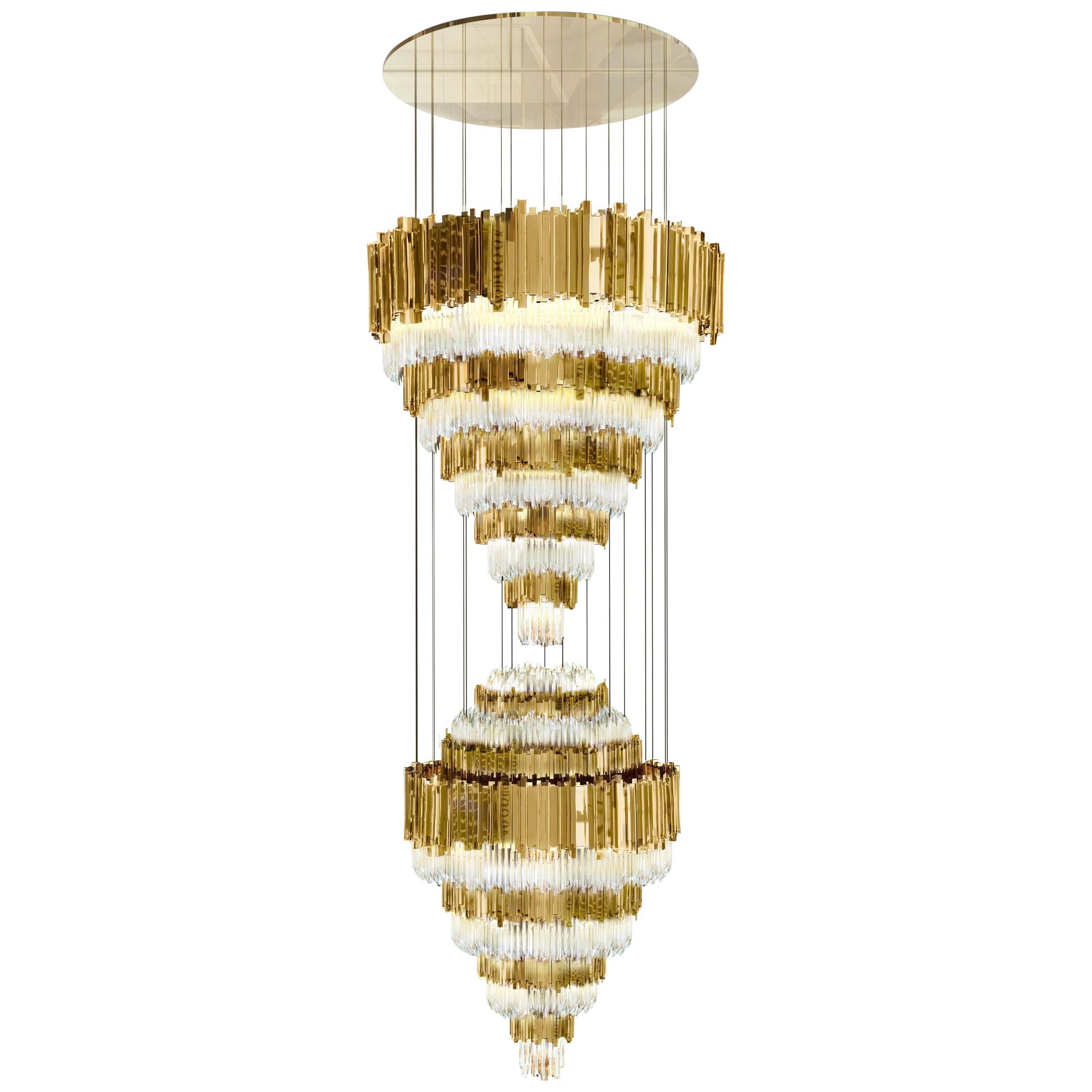 Empire XL Chandelier in Gold Plated Brass with Crystal Glass Details by Luxxu For Sale