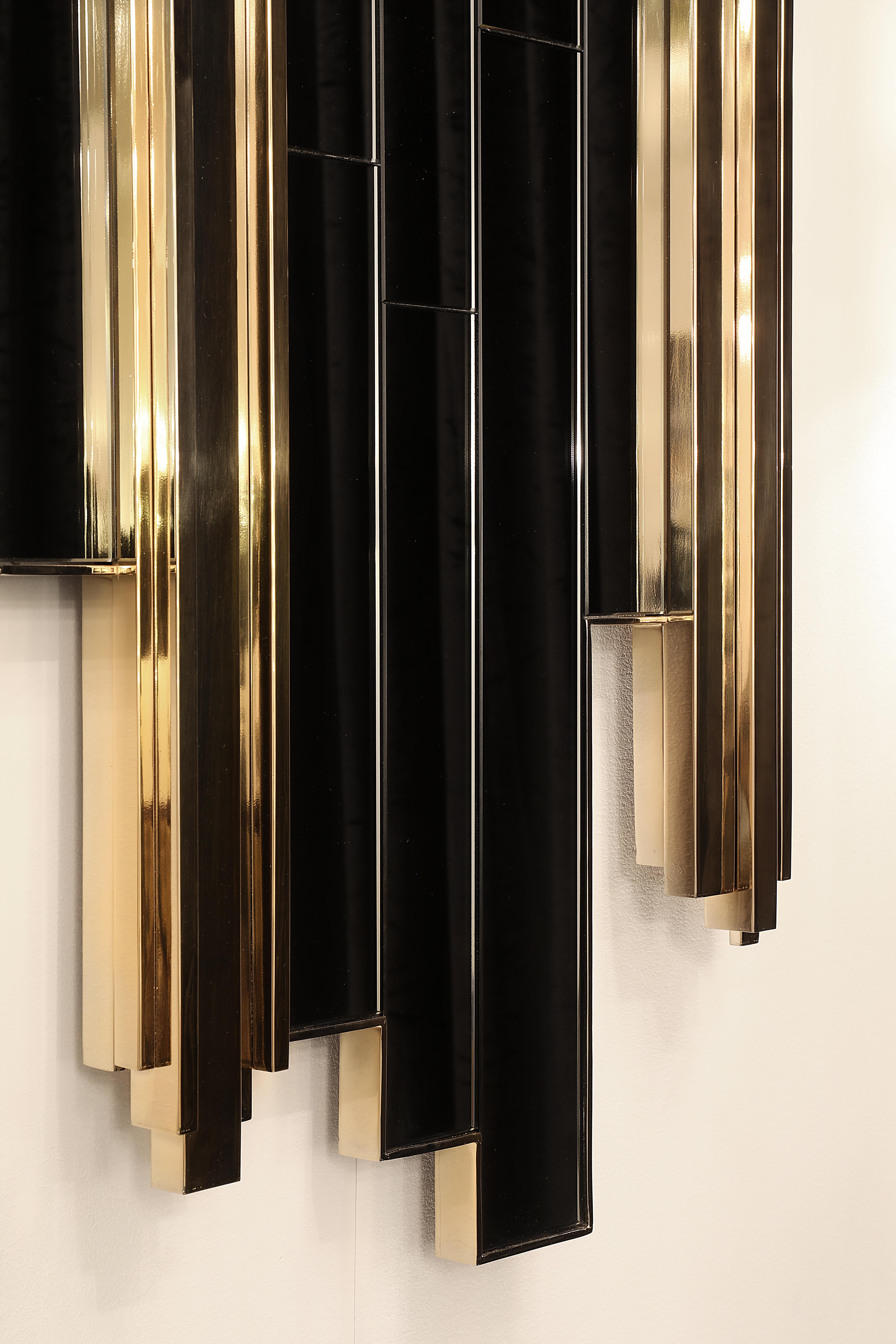 Contemporary Empire Glass Wall Mirror in Smoked Glass with Gold Plated Brass Details For Sale