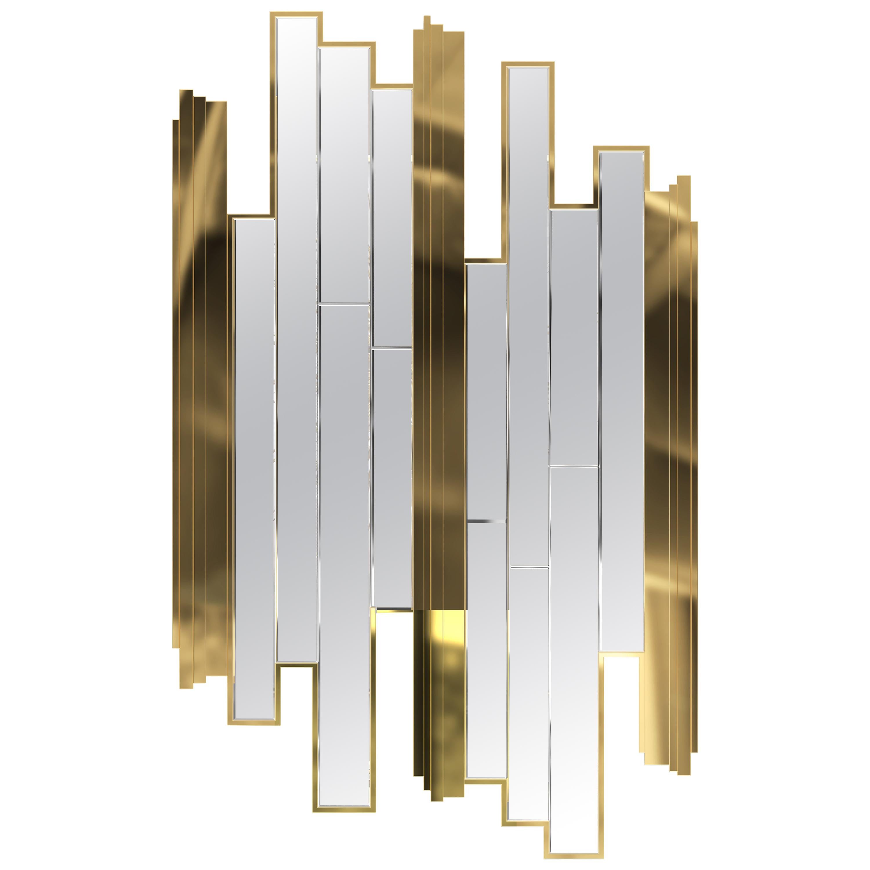 Empire Glass Wall Mirror in Smoked Glass with Gold Plated Brass Details For Sale