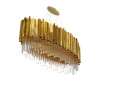 Empire Oval Pendant Light in Gold Plated Brass with Crystal Glass