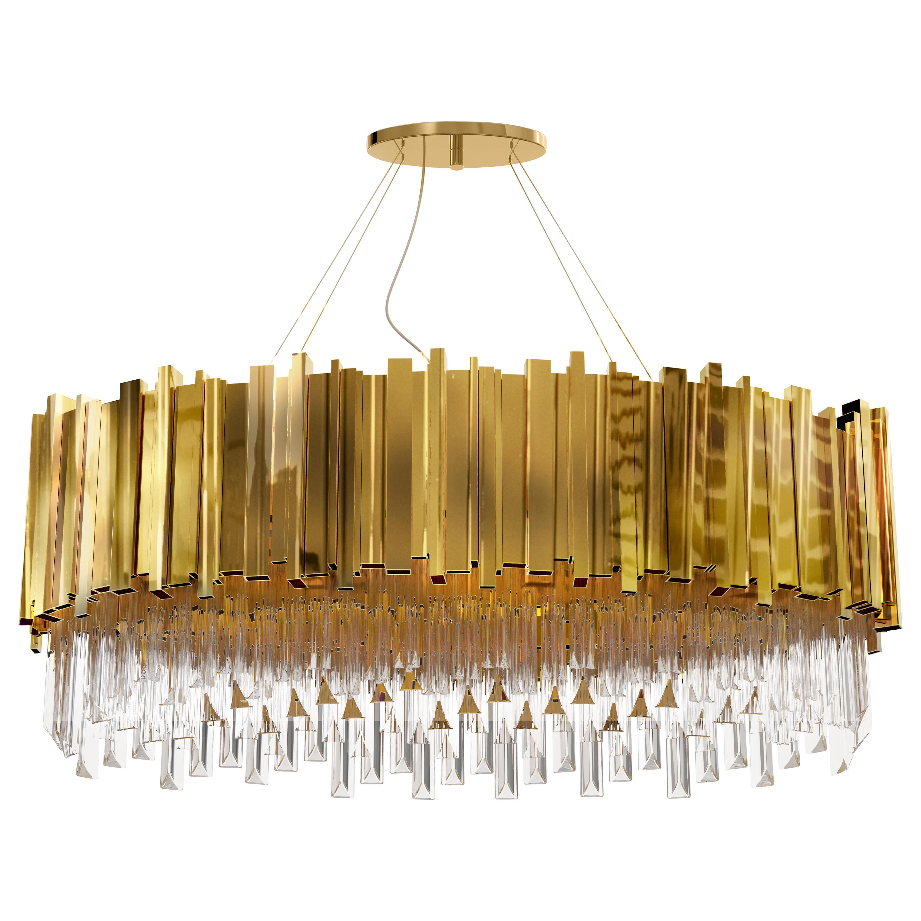 Empire Oval Pendant Light in Gold Plated Brass with Crystal Glass For Sale