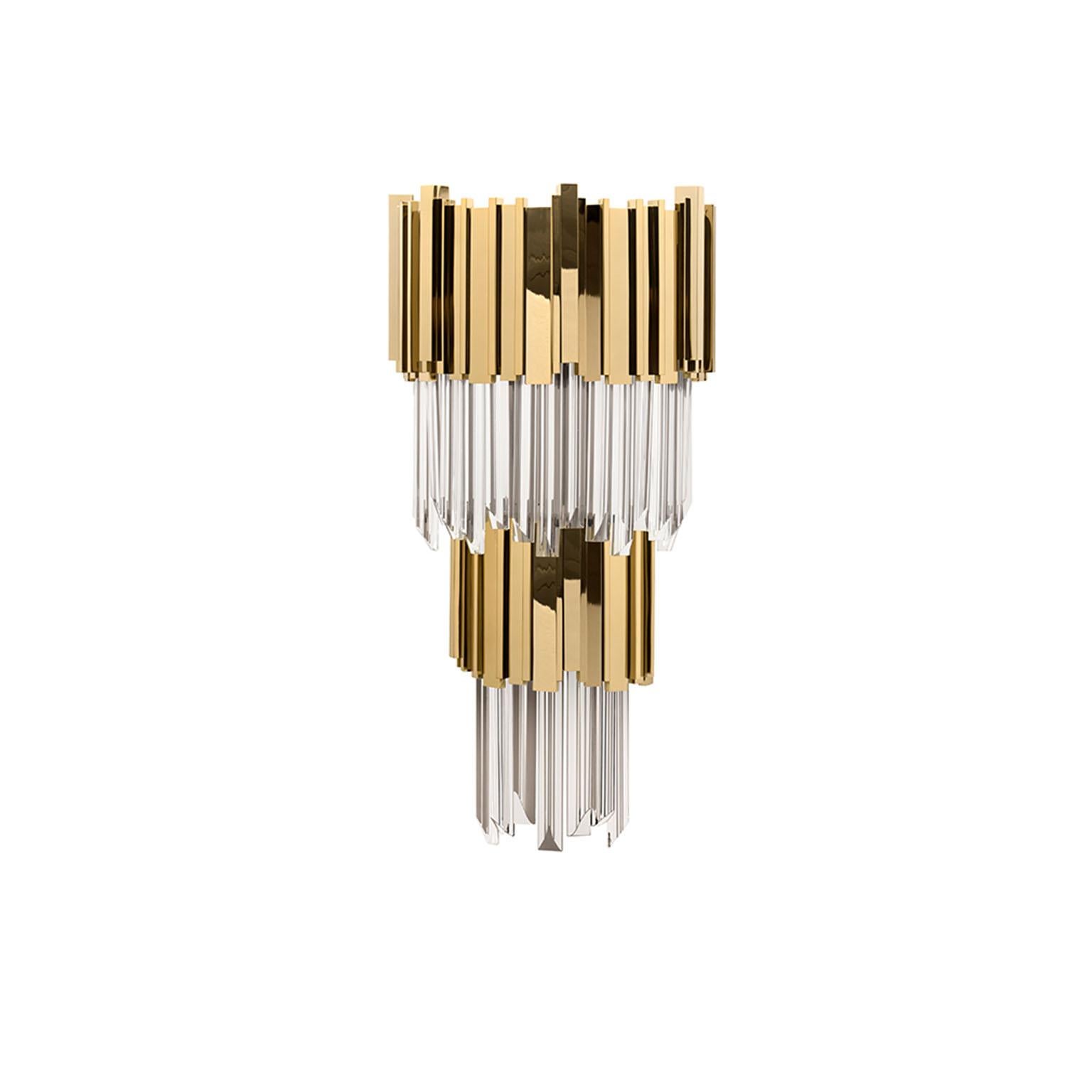 The Empire wall gets its inspiration on The Empire State Building and that’s why this creation is so powerful and capable to transform every space in a stunning scenario.

MATERIALS
Body: Brass & Crystal Glass

STANDARD FINISHES
Body: Gold
