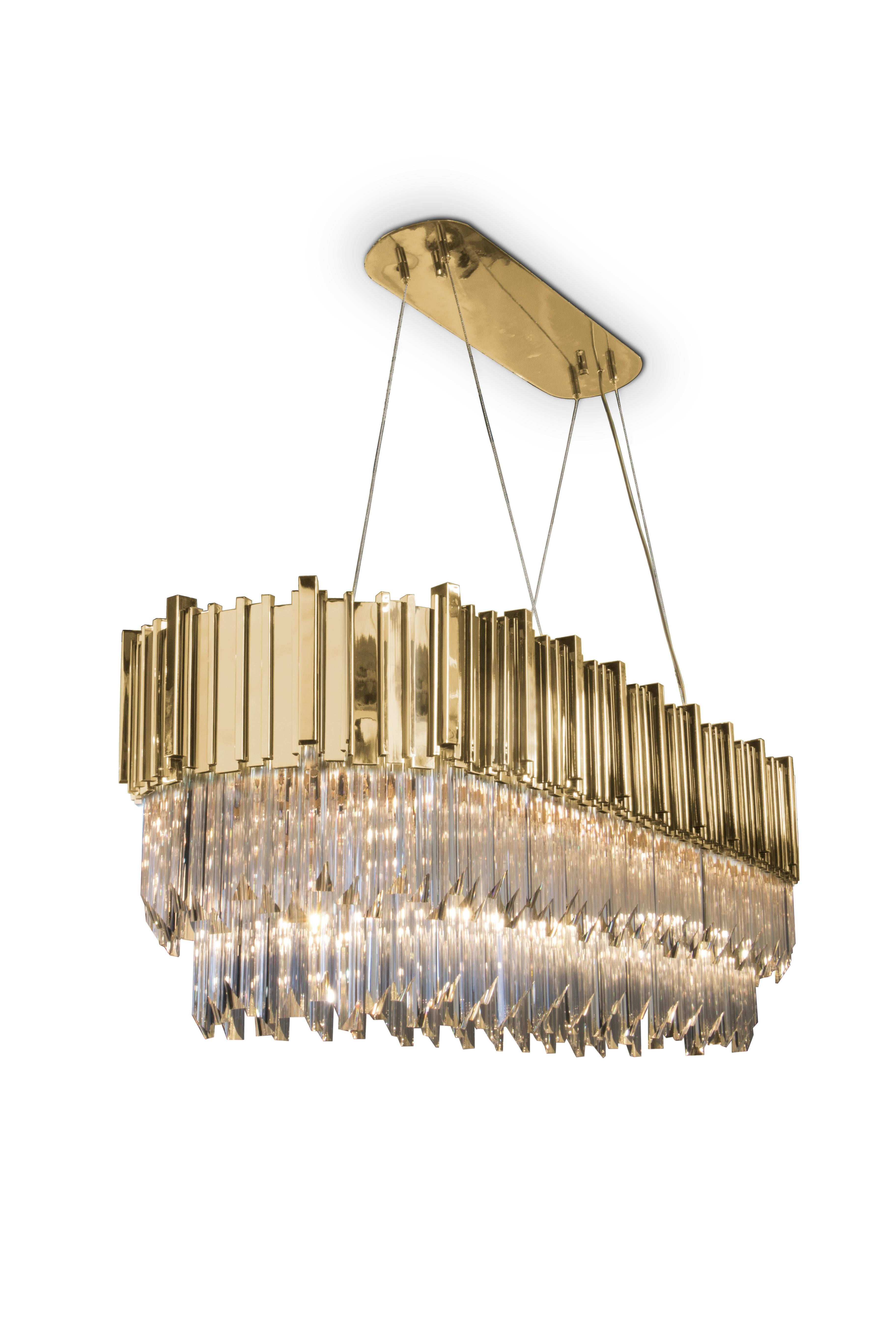 Modern Empire Snooker Chandelier in Brass with Crystal Glass Details For Sale