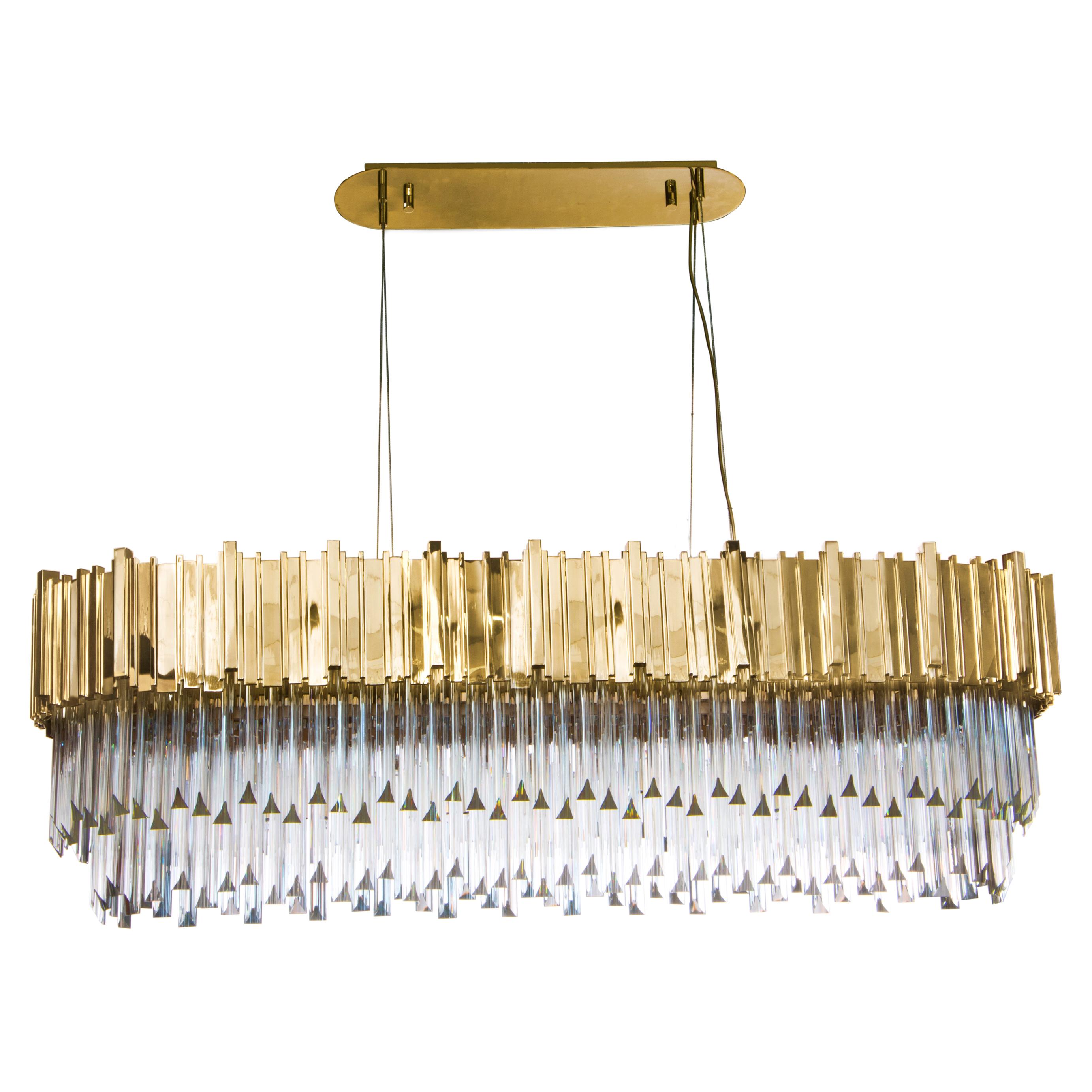 Empire Snooker Chandelier in Brass with Crystal Glass Details For Sale