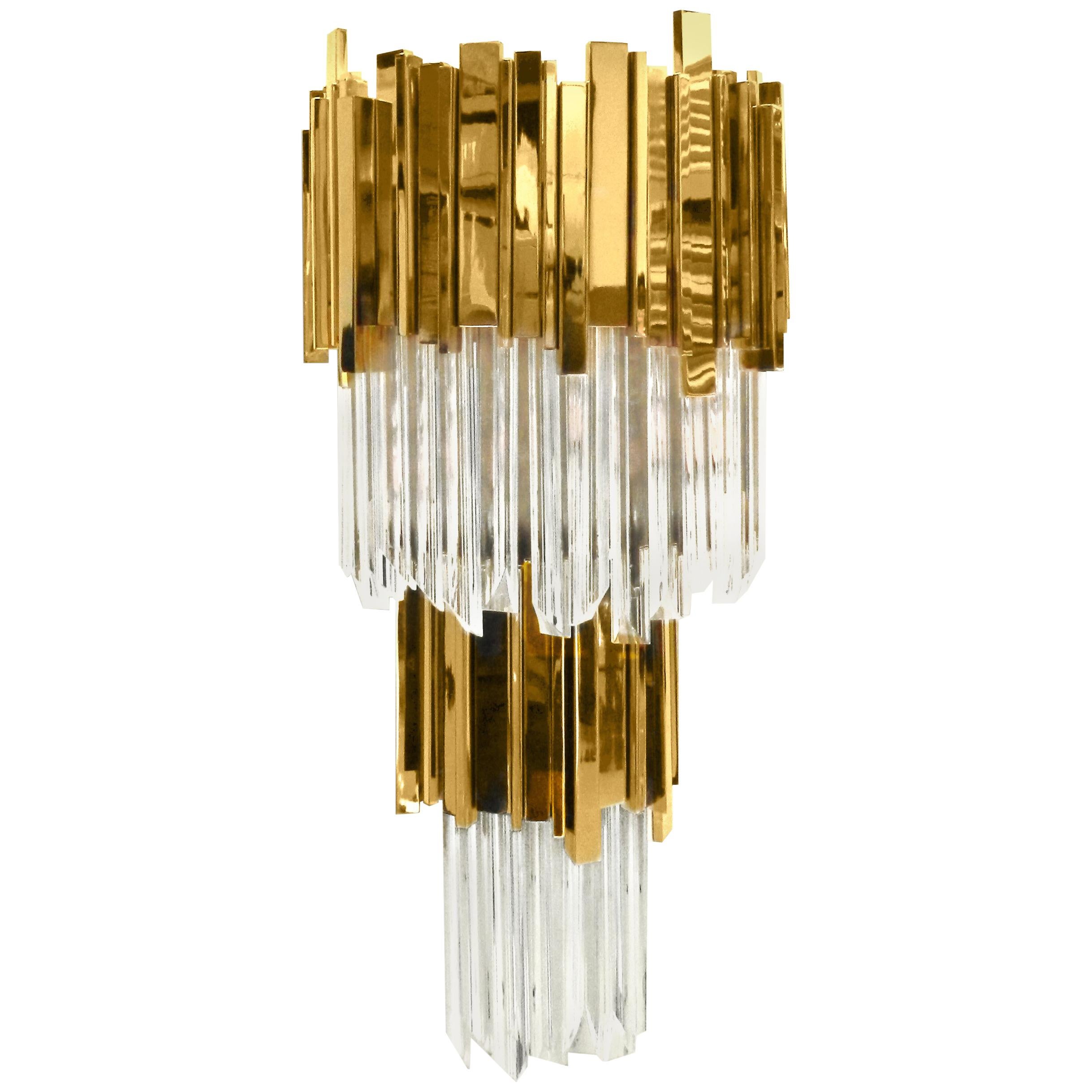 Empire Sconce with Gold Plated Brass and Crystal Glass Tiers For Sale
