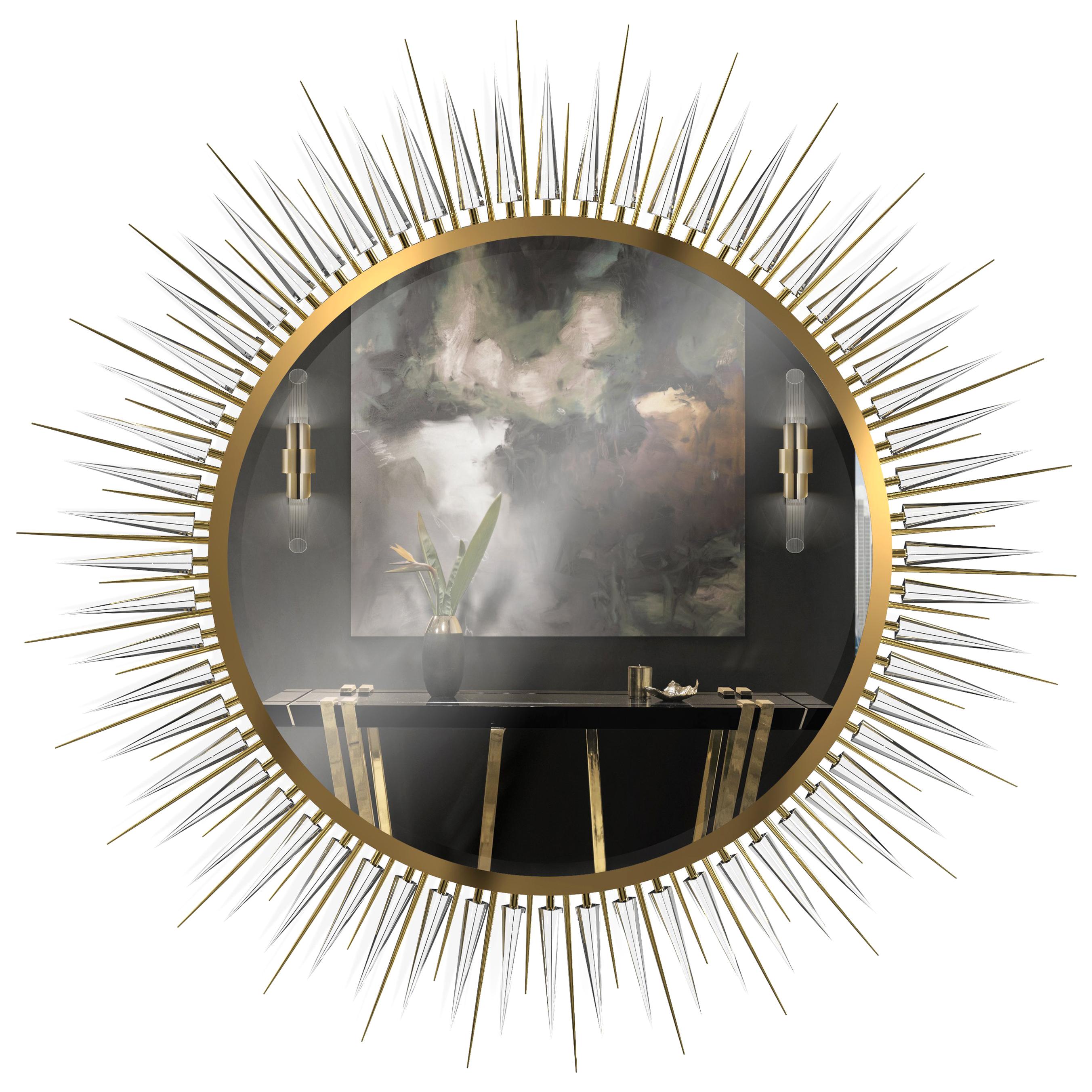 Luxxu Explosion Extra Large Mirror in Smoked Glass and Brass with Crystal Arms For Sale