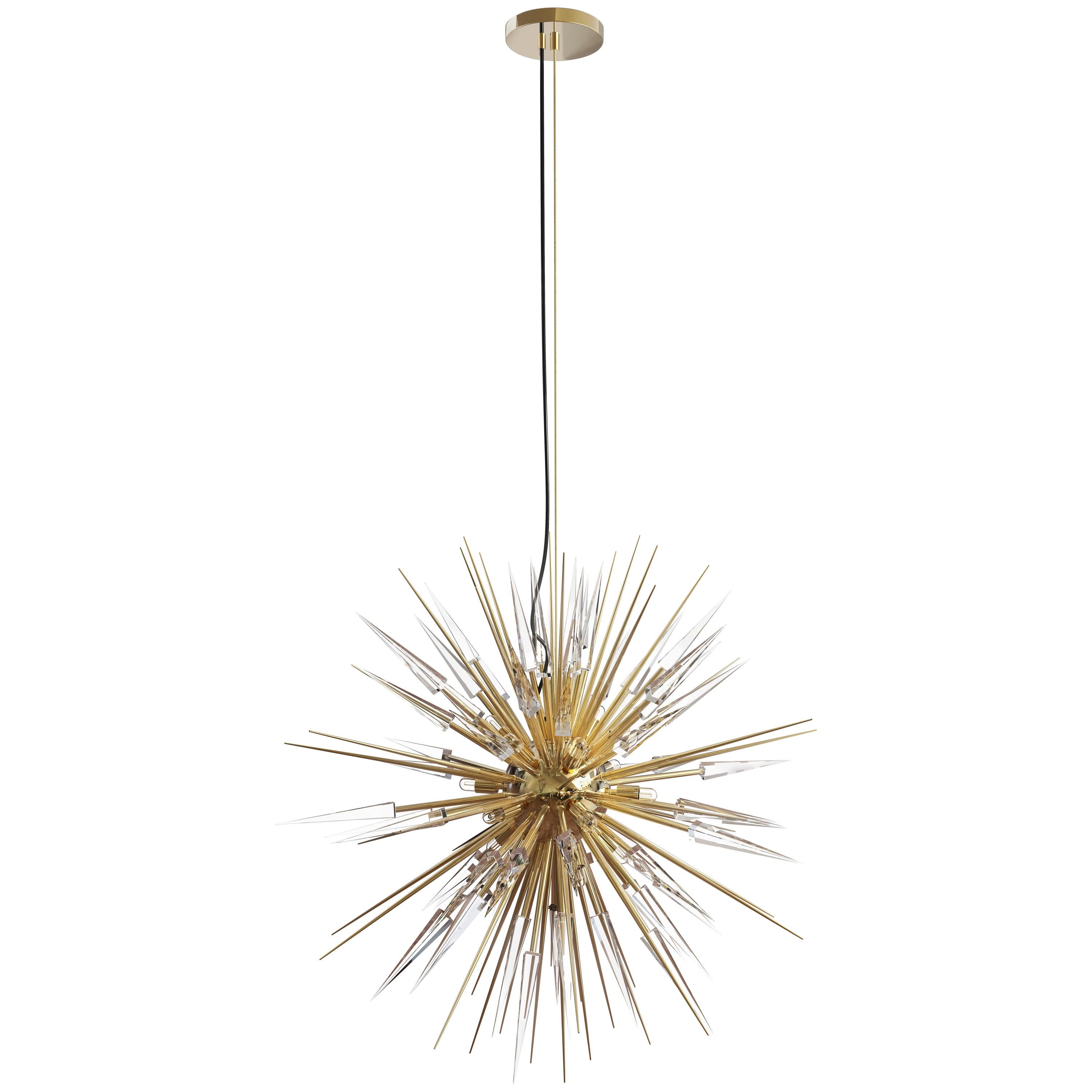 Explosion Pendant Light with Brass Arms and Crystal Glass Details For Sale