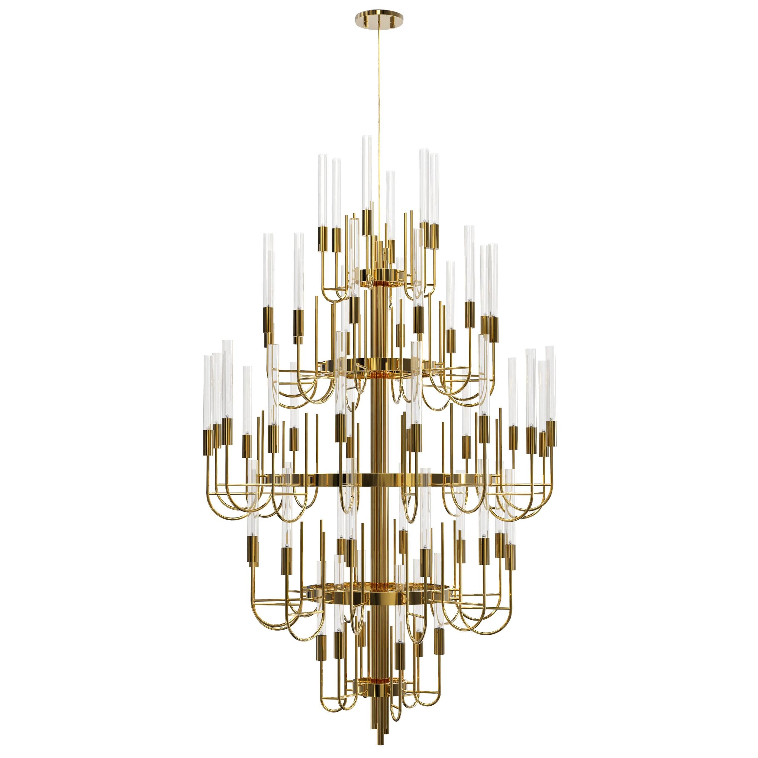 Gala Chandelier in Gold Plated Brass with Clear Crystal Glass Details For Sale