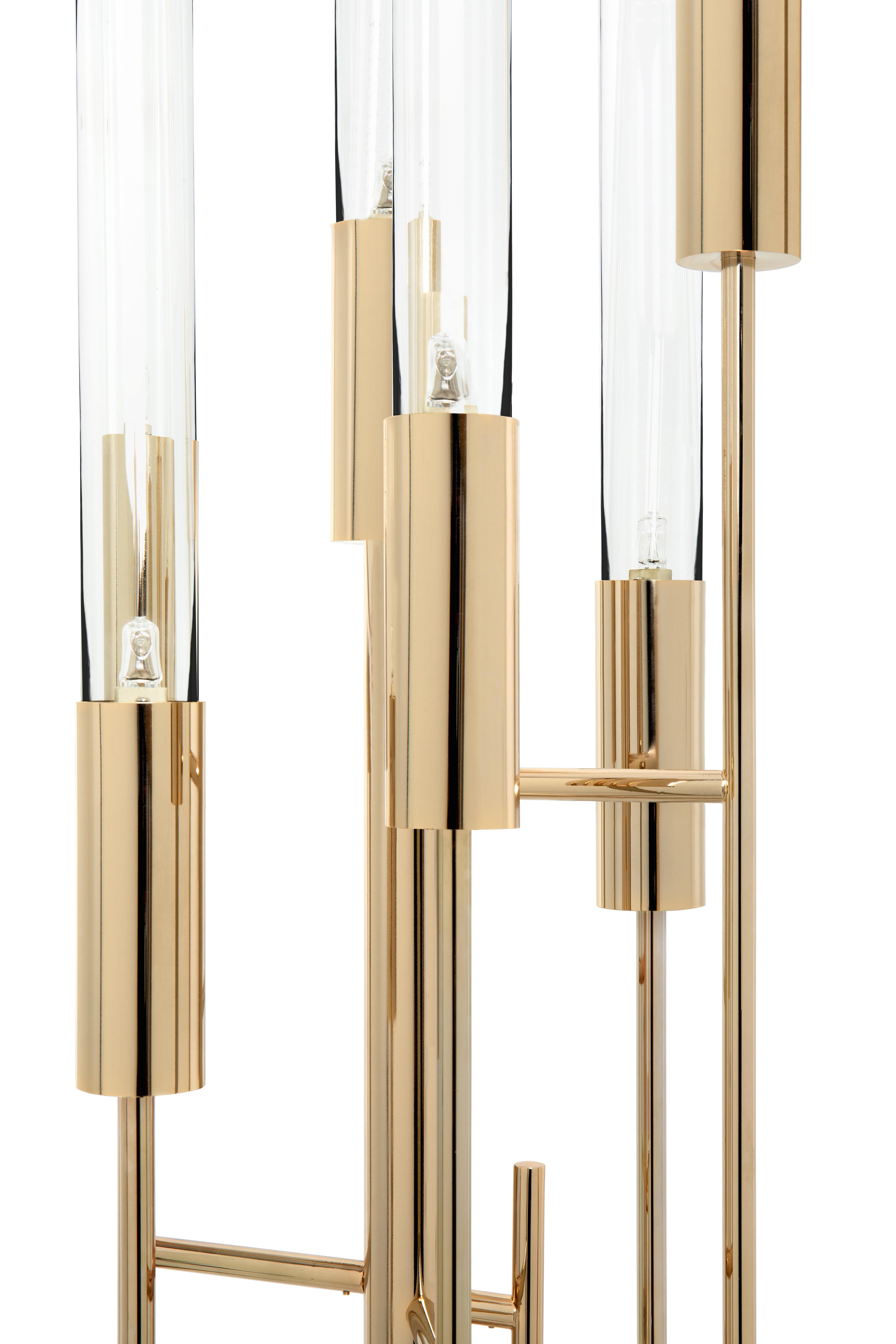 Modern Gala Floor Lamp in Gold Plated Brass with Crystal Glass Details For Sale