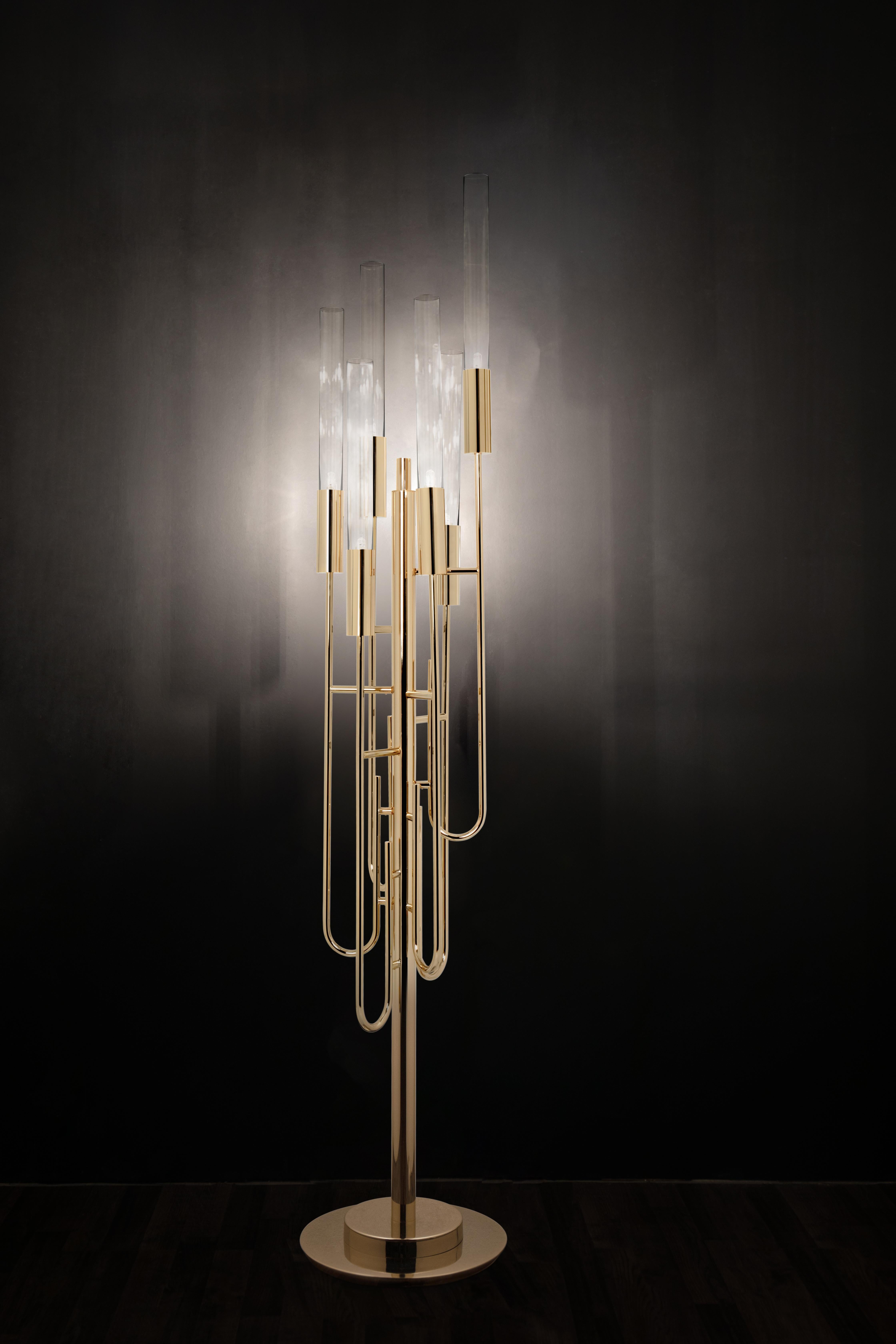 Contemporary Gala Floor Lamp in Gold Plated Brass with Crystal Glass Details For Sale