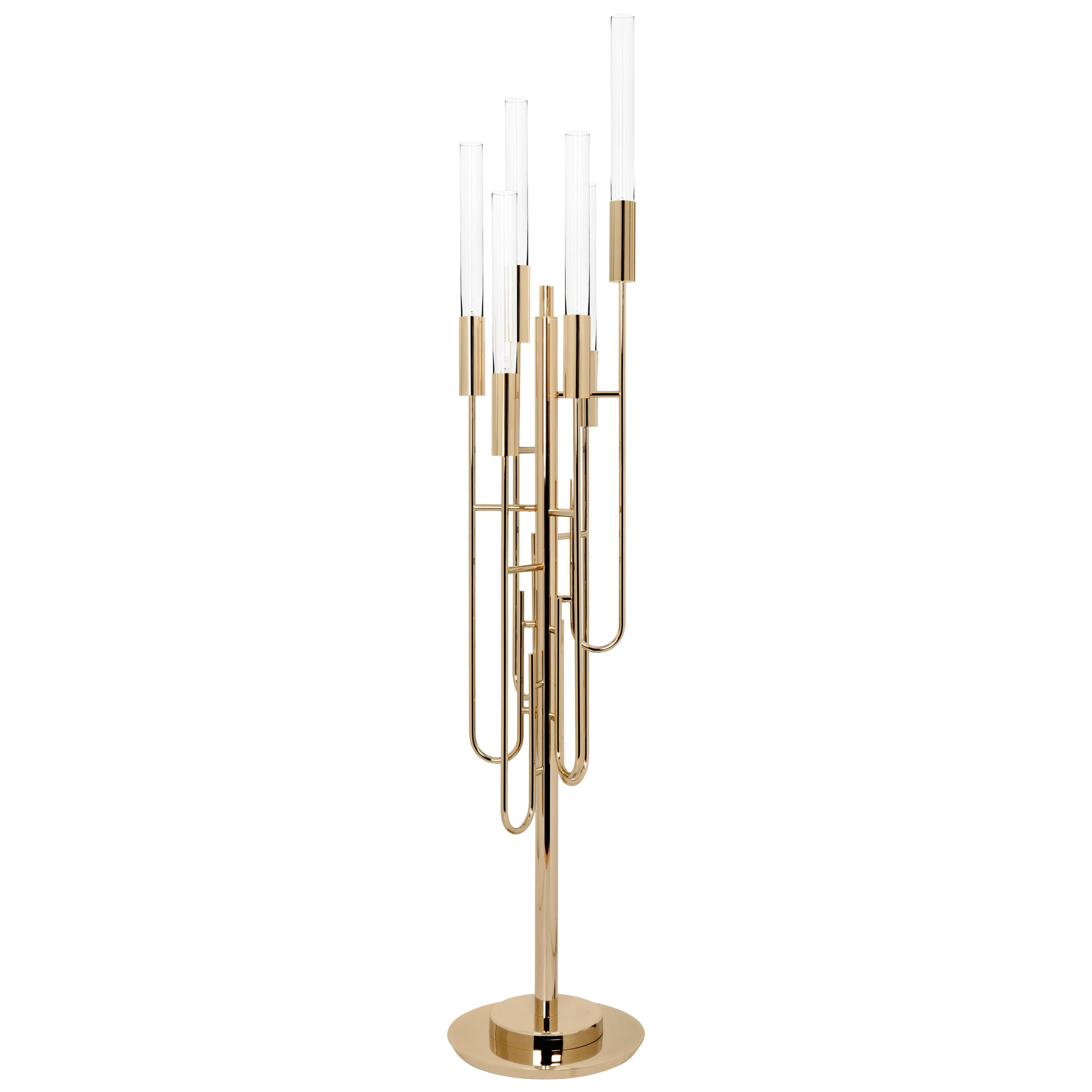 Gala Floor Lamp in Gold Plated Brass with Crystal Glass Details For Sale
