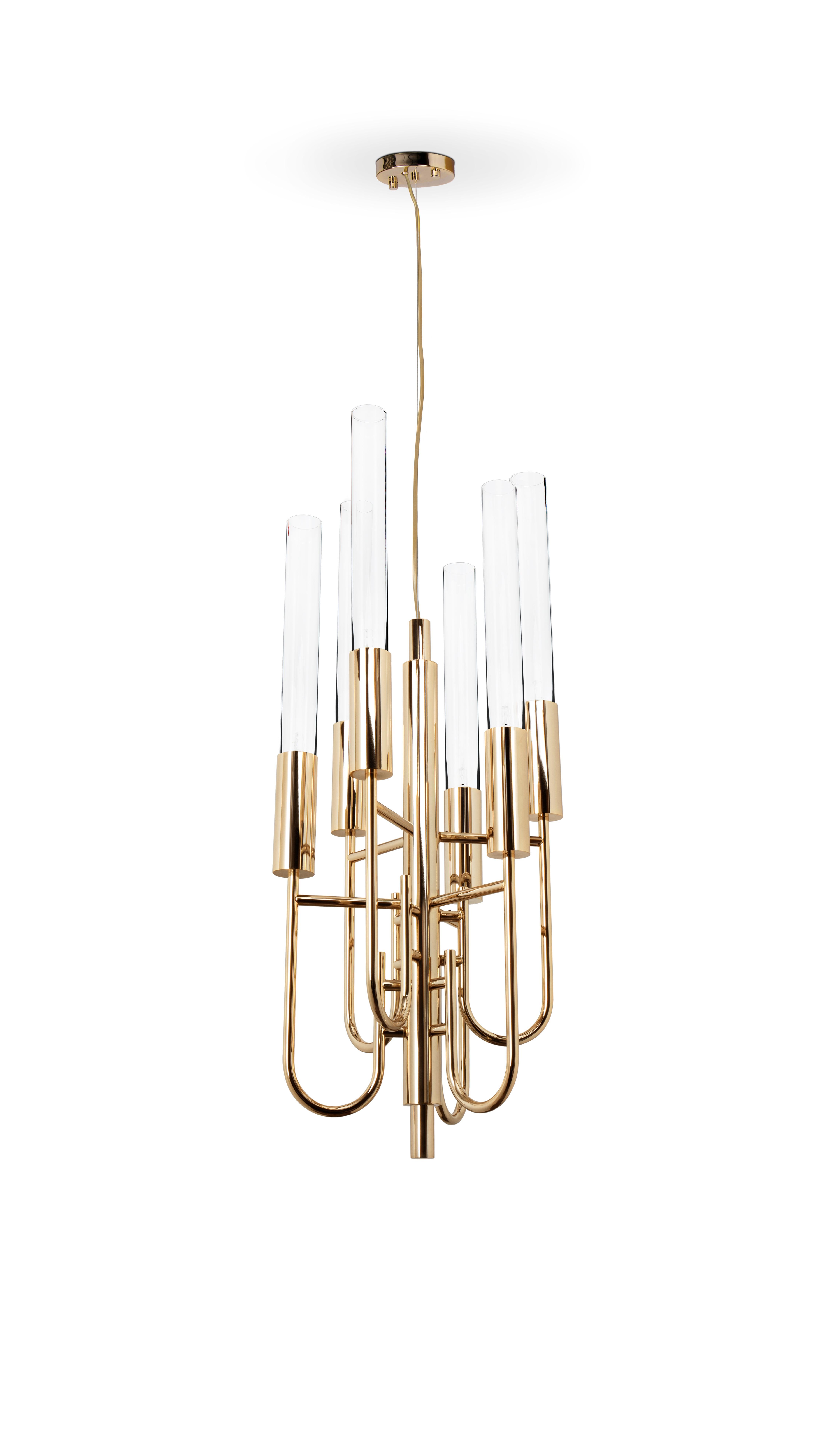 The opulent Gala pendant is a sign of times. This everlasting light fits neatly into every ambiance. A superb piece tied by a single string.

MATERIALS
Body: Brass & Crystal Glass

STANDARD FINISHES
Body: Gold plated

Lighting: 6x g9 halogen bulbs,