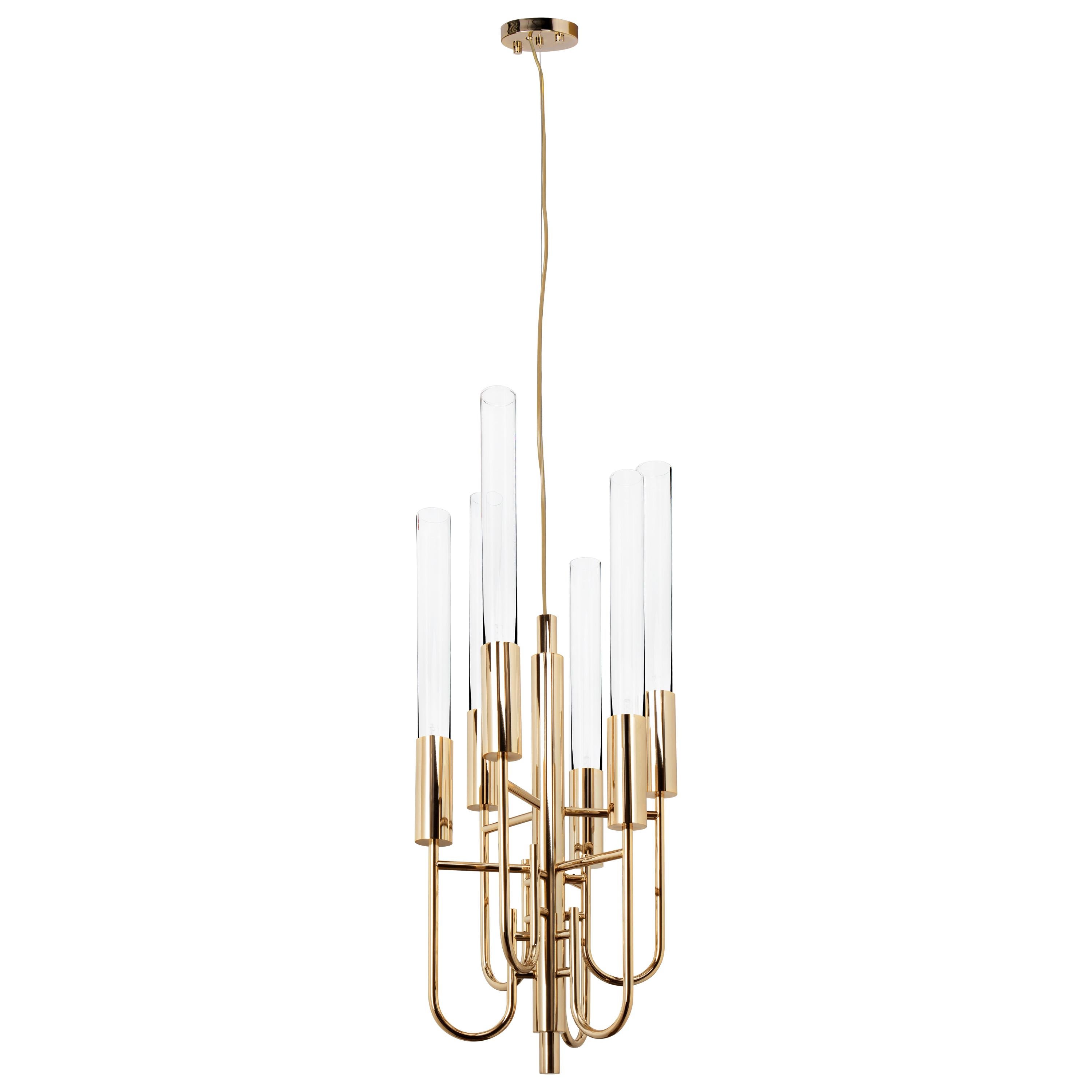 Gala Pendant Light with Gold Plated Brass Arms and Crystal Glass Flutes For Sale