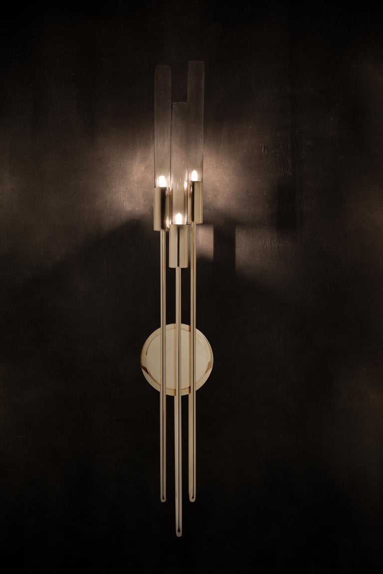 Luxxu Gala Torch Wall Light in Brass with Crystal Glass Flutes For Sale