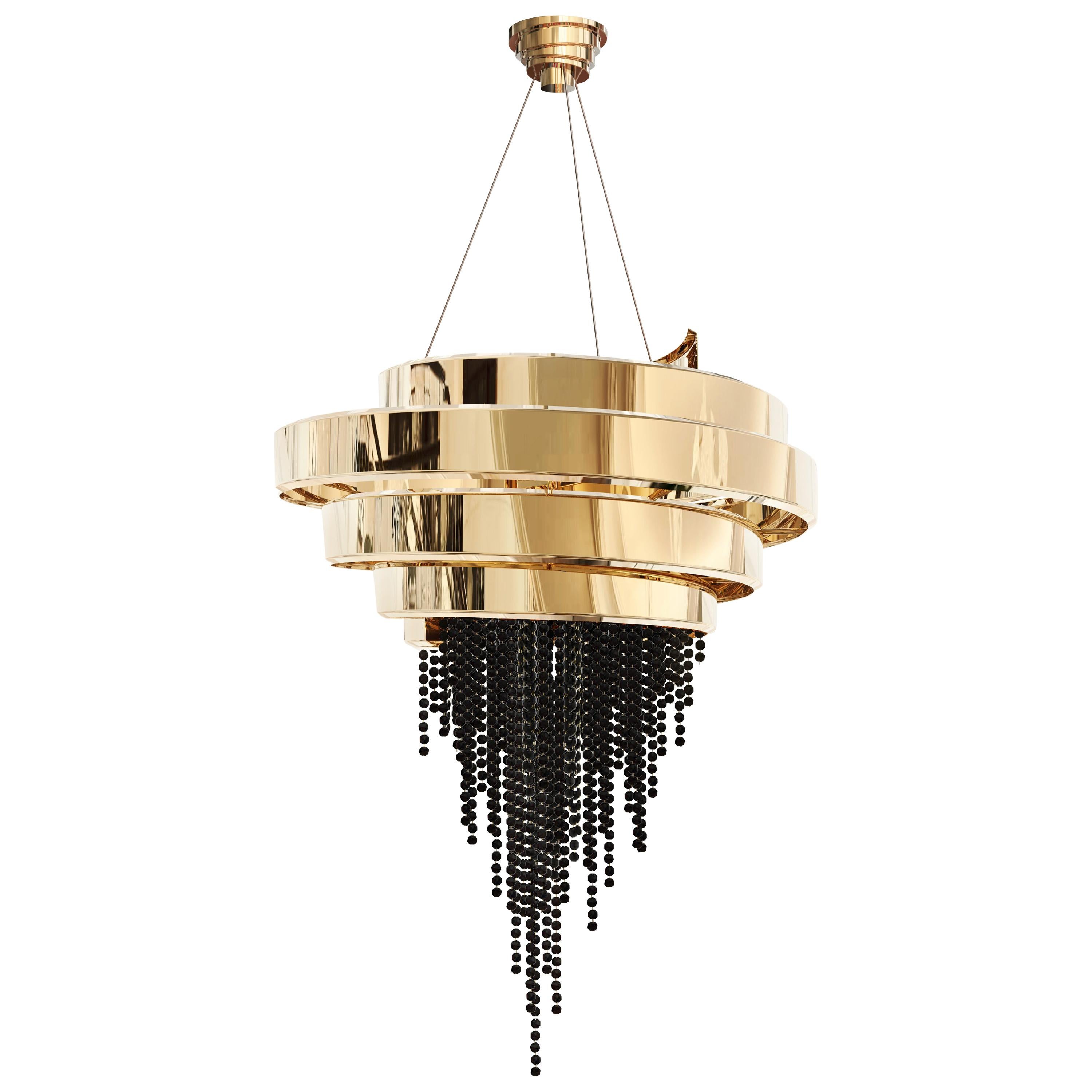 Guggenheim Chandelier with Gold Plated Brass and Black Swarovski Crystals For Sale