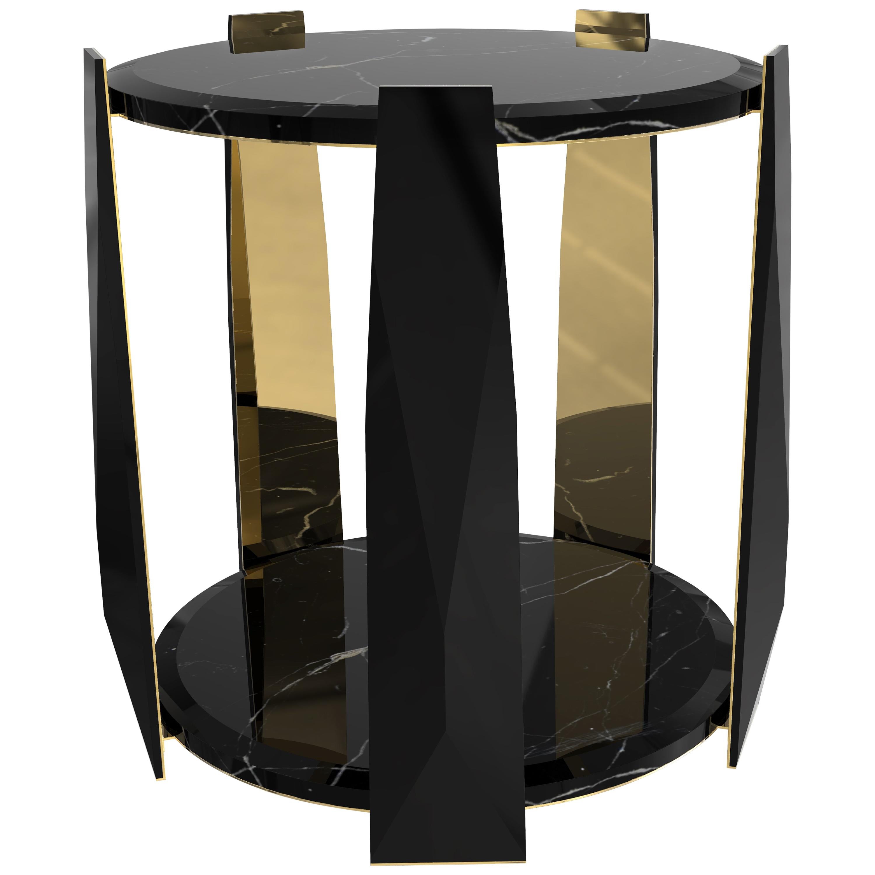 Luxxu Imperium Circular Side Table in Nero Marquina Marble with Brass Legs For Sale