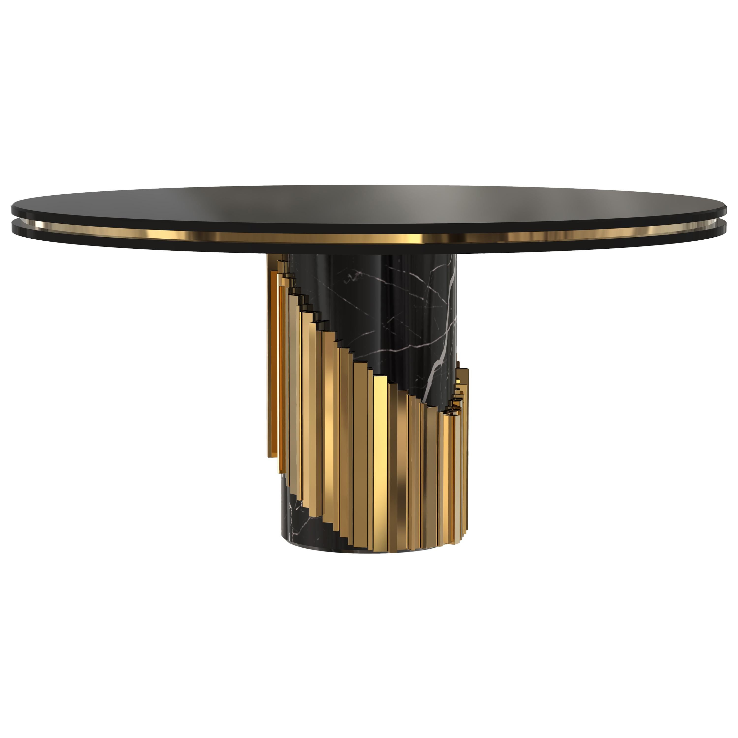 Littus Dining Table in Black Marble with Spiraled Brass Base For Sale