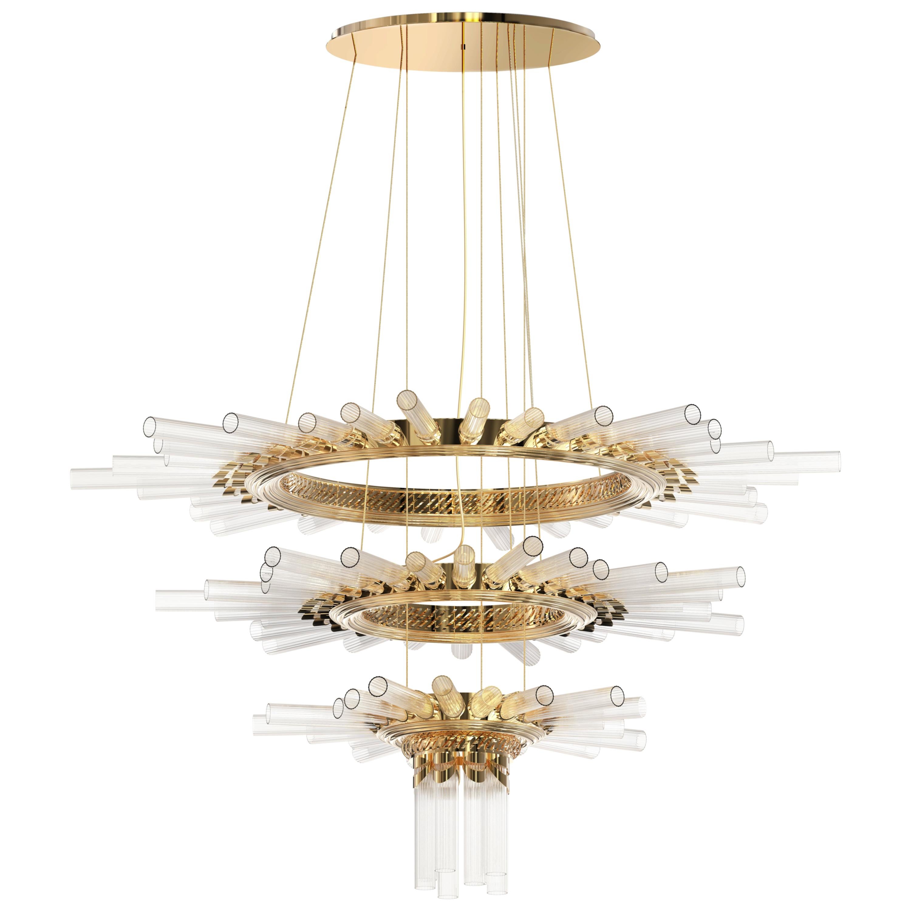 Luxxu Majestic Chandelier in Gold-Plated Brass and Crystal Glass Flute Details For Sale