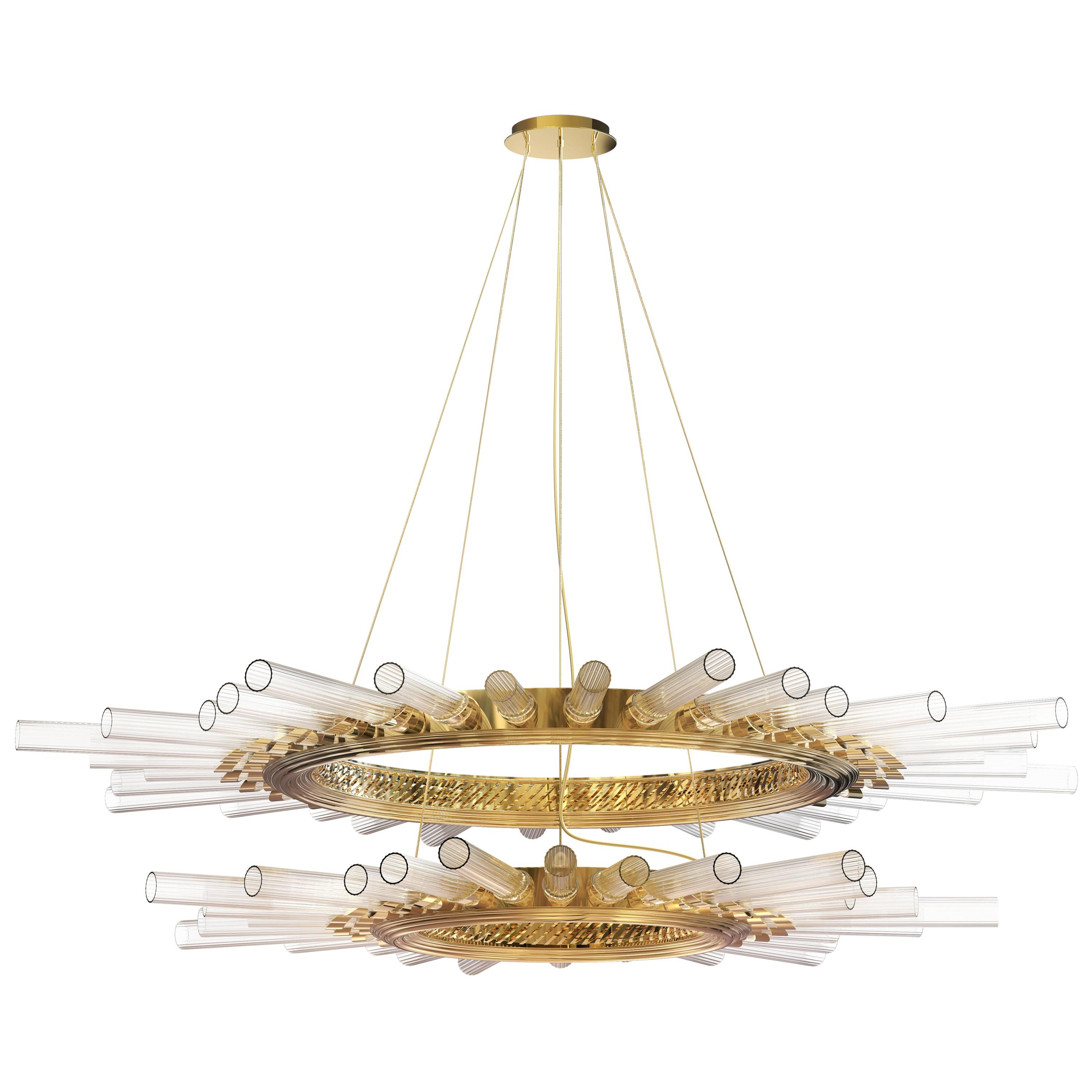 Luxxu Majestic II Pendant Light in Brass with Crystal Glass Flutes For Sale
