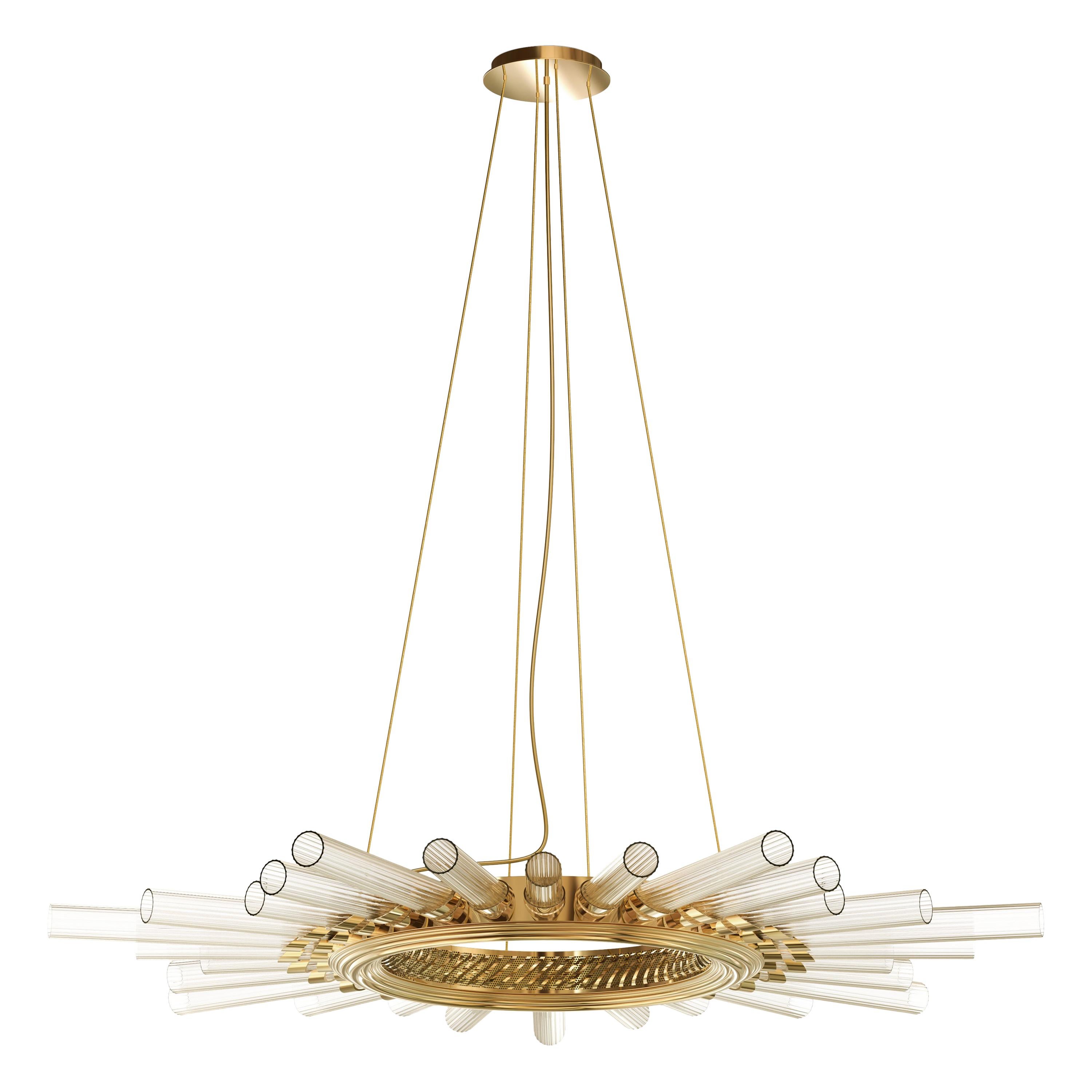 Majestic Pendant Light in Gold-Plated Brass with Crystal Glass Flutes For Sale