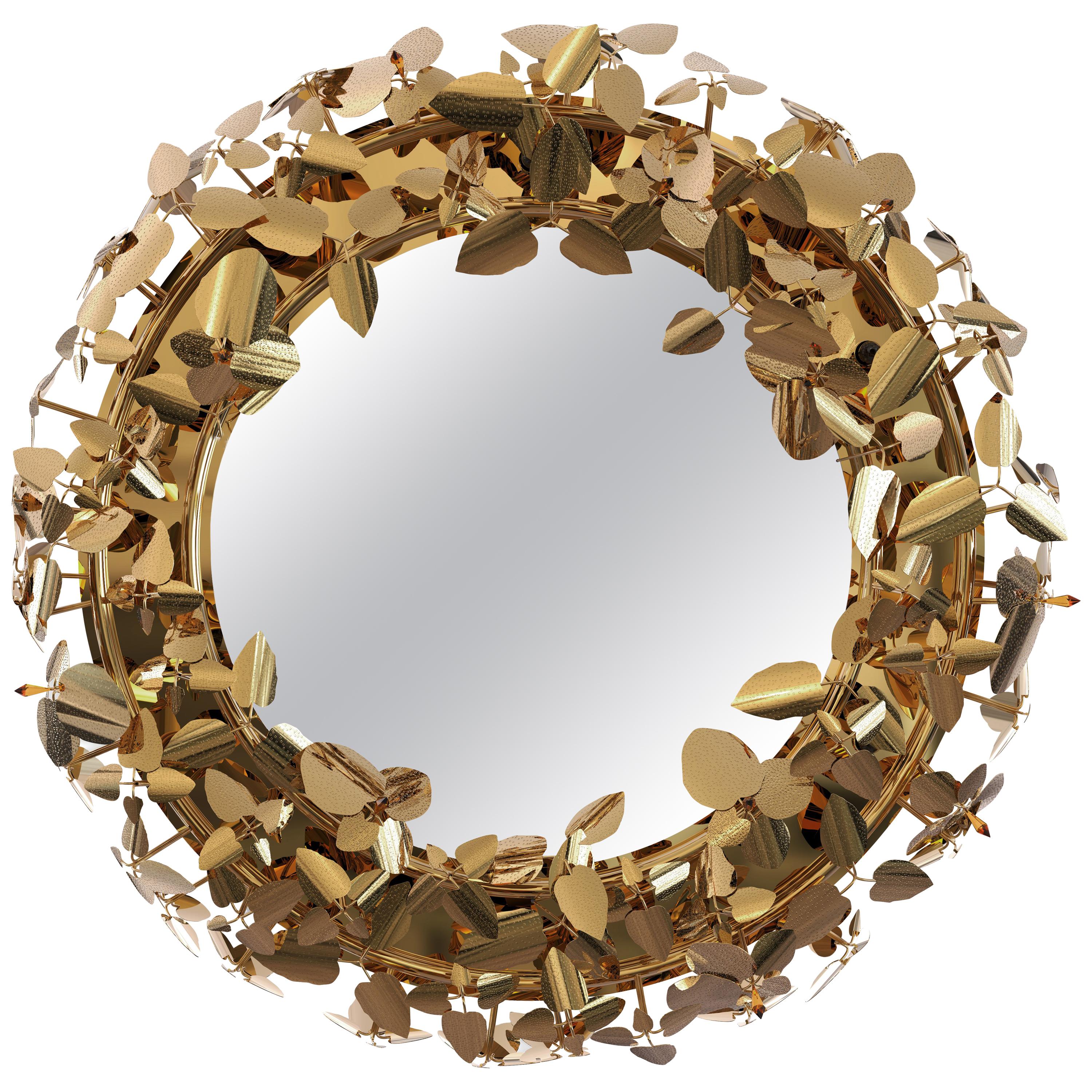 McQueen Round Wall Light Mirror in Gold Plated Brass with Swarovski Crystals For Sale