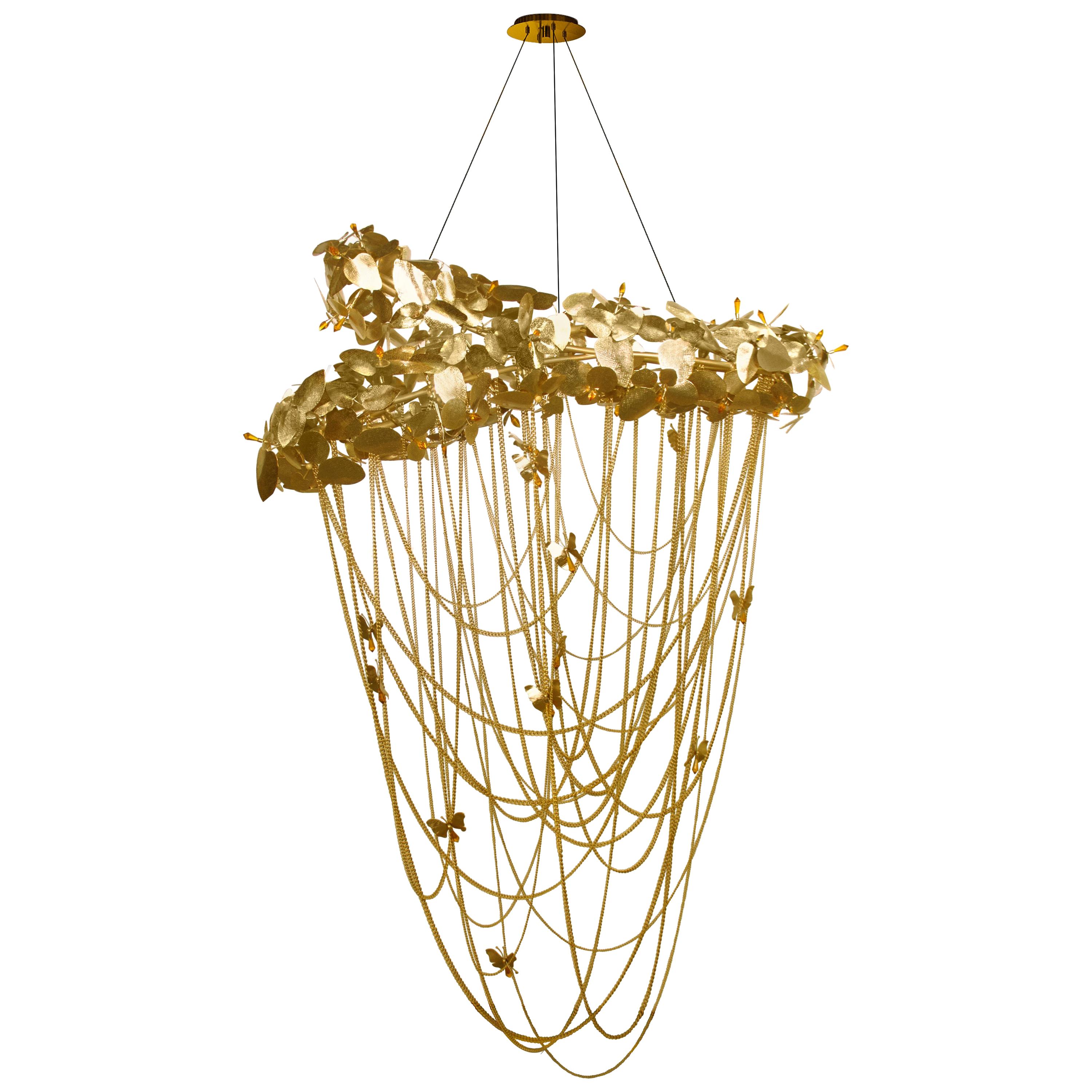 McQueen Chandelier in Gold Plated Brass with Amber Swarovski Crystals by Luxxu For Sale
