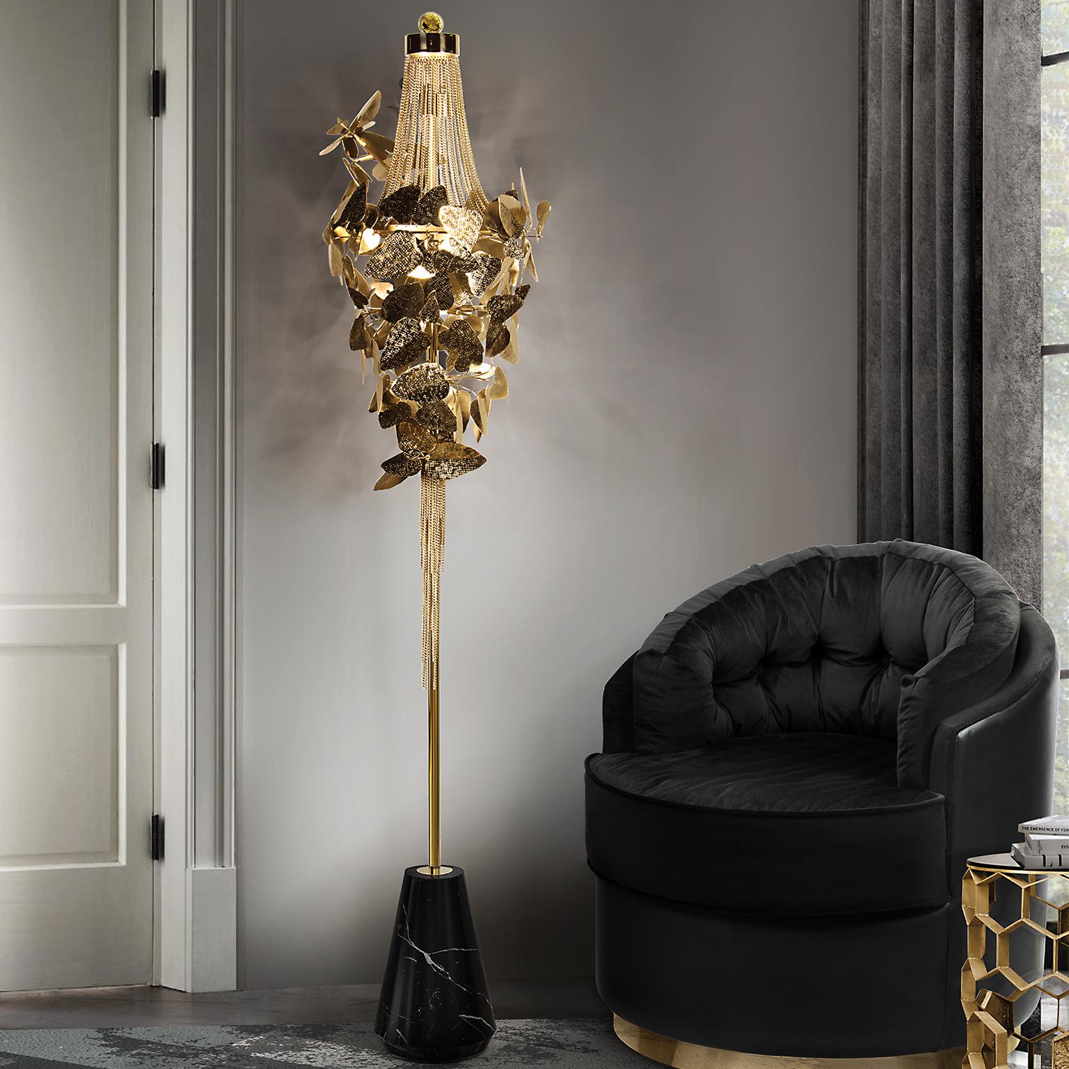 McQueen Floor Lamp in Gold-Plated Brass, Marble and Swarovski Crystals For Sale 1