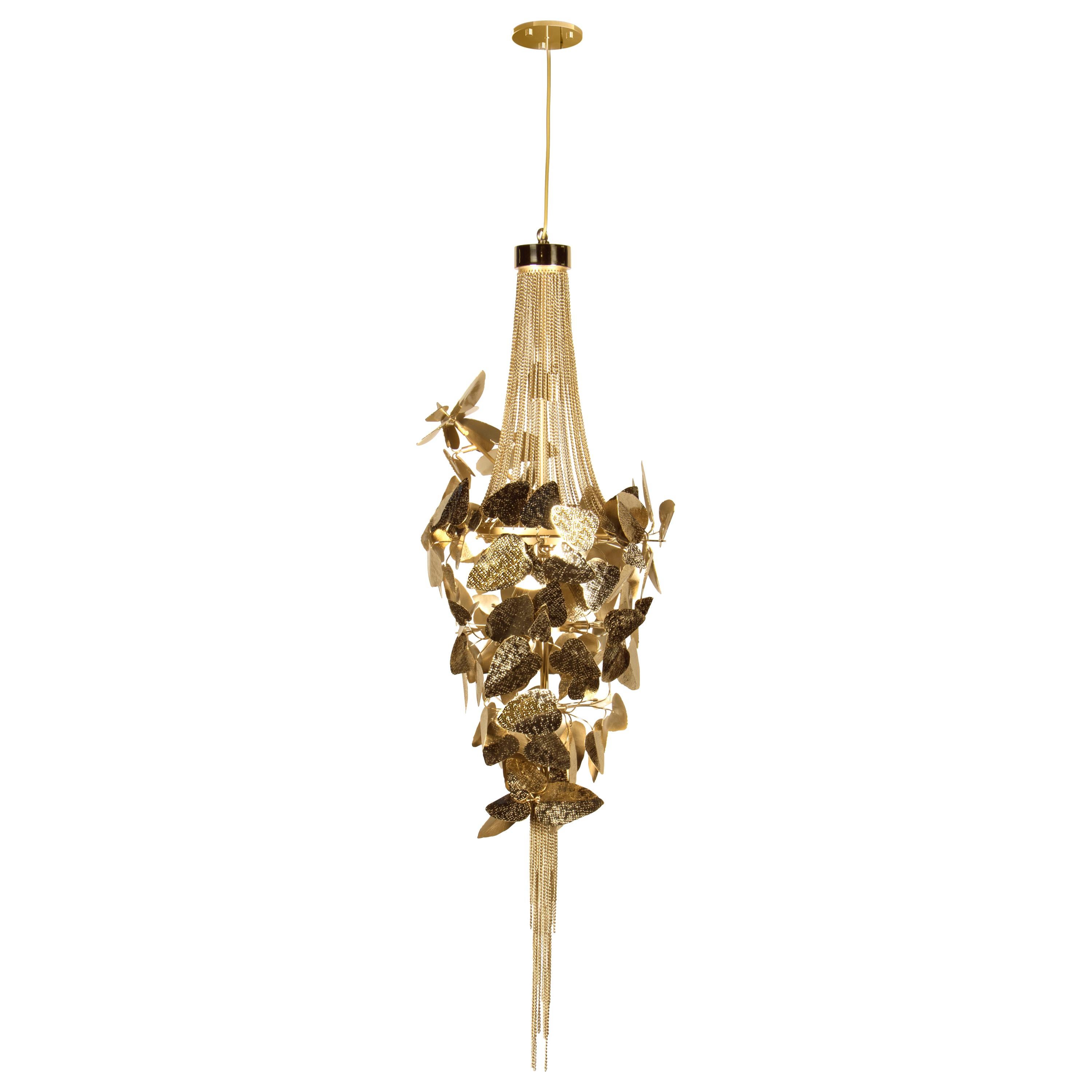 McQueen Pendant Light with Gold Plated Brass and Amber Swarovski Crystals For Sale