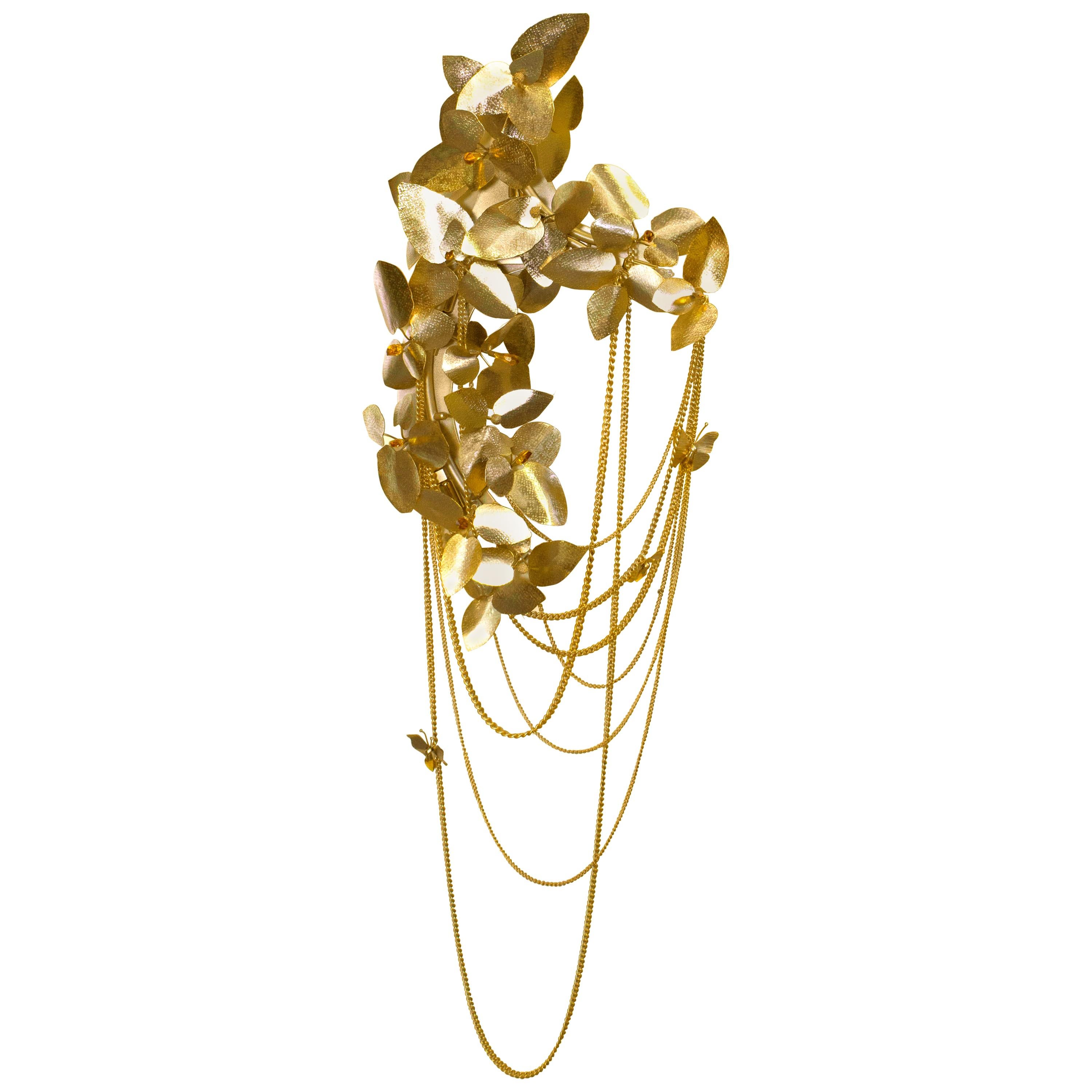 McQueen Wall Light in Gold Plated Brass with Amber Swarovski Crystals For Sale