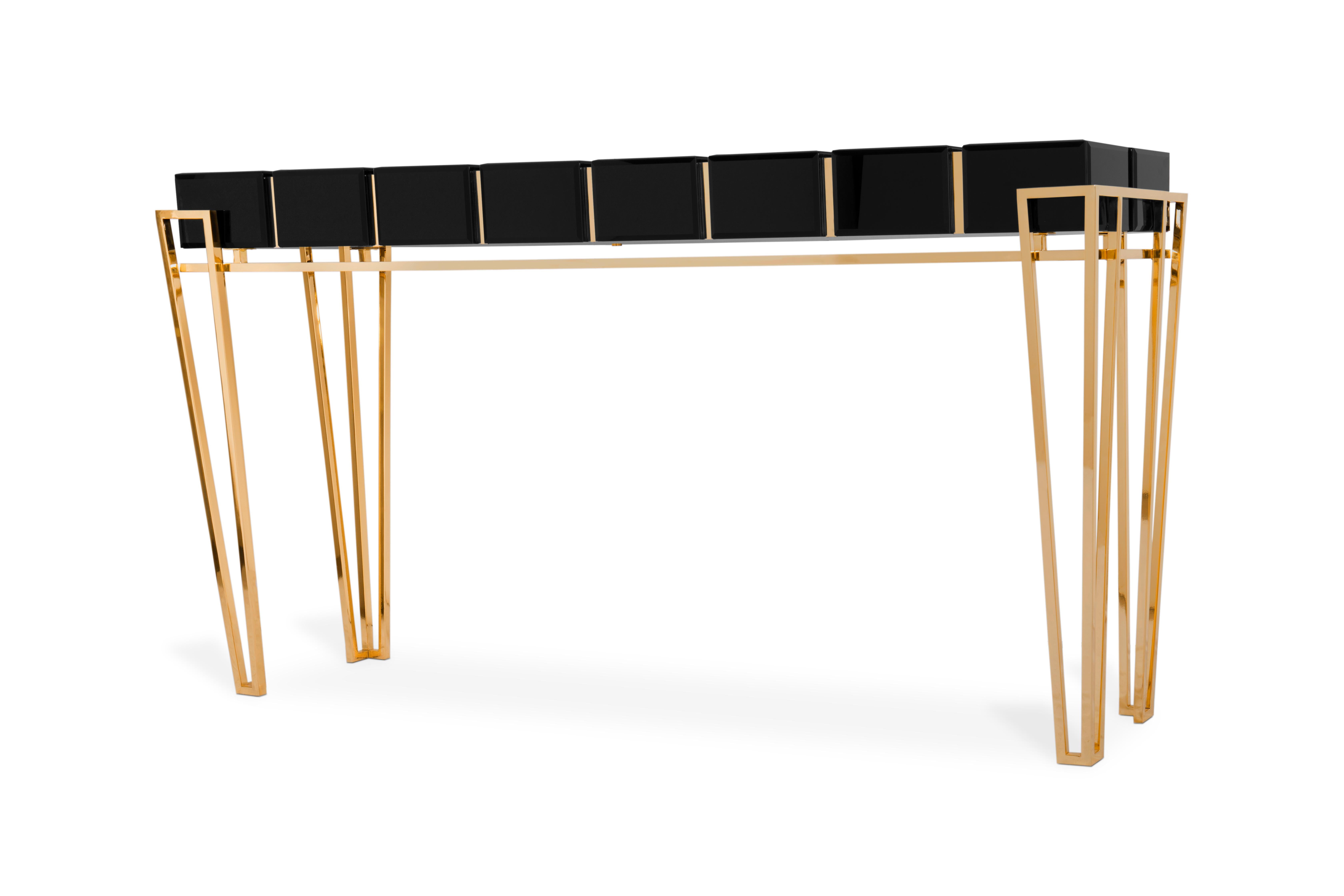 Modern Nubian Console Table with Brass, Black Glass Top and Walnut Root Venner For Sale