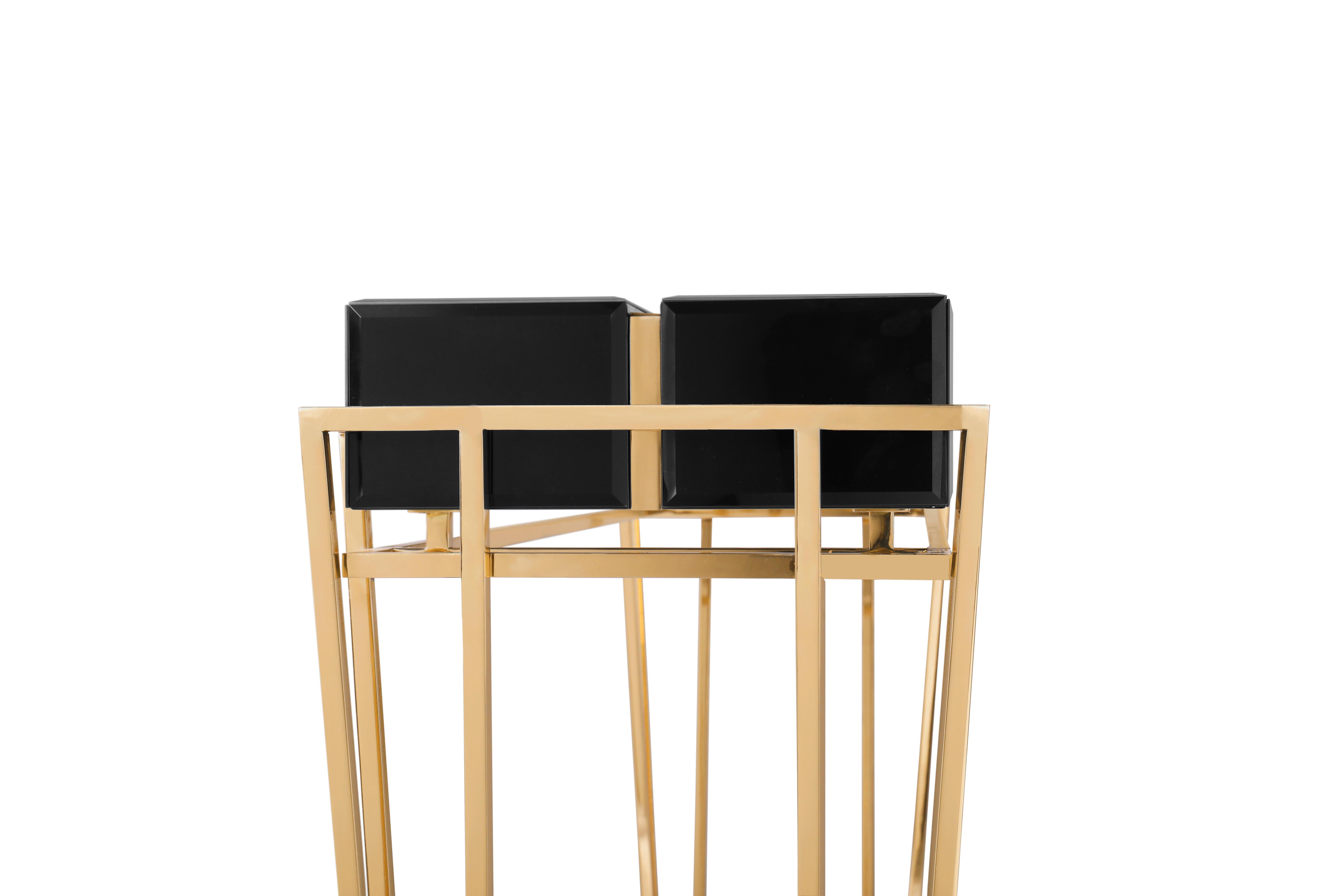 Contemporary Nubian Console Table with Brass, Black Glass Top and Walnut Root Venner For Sale
