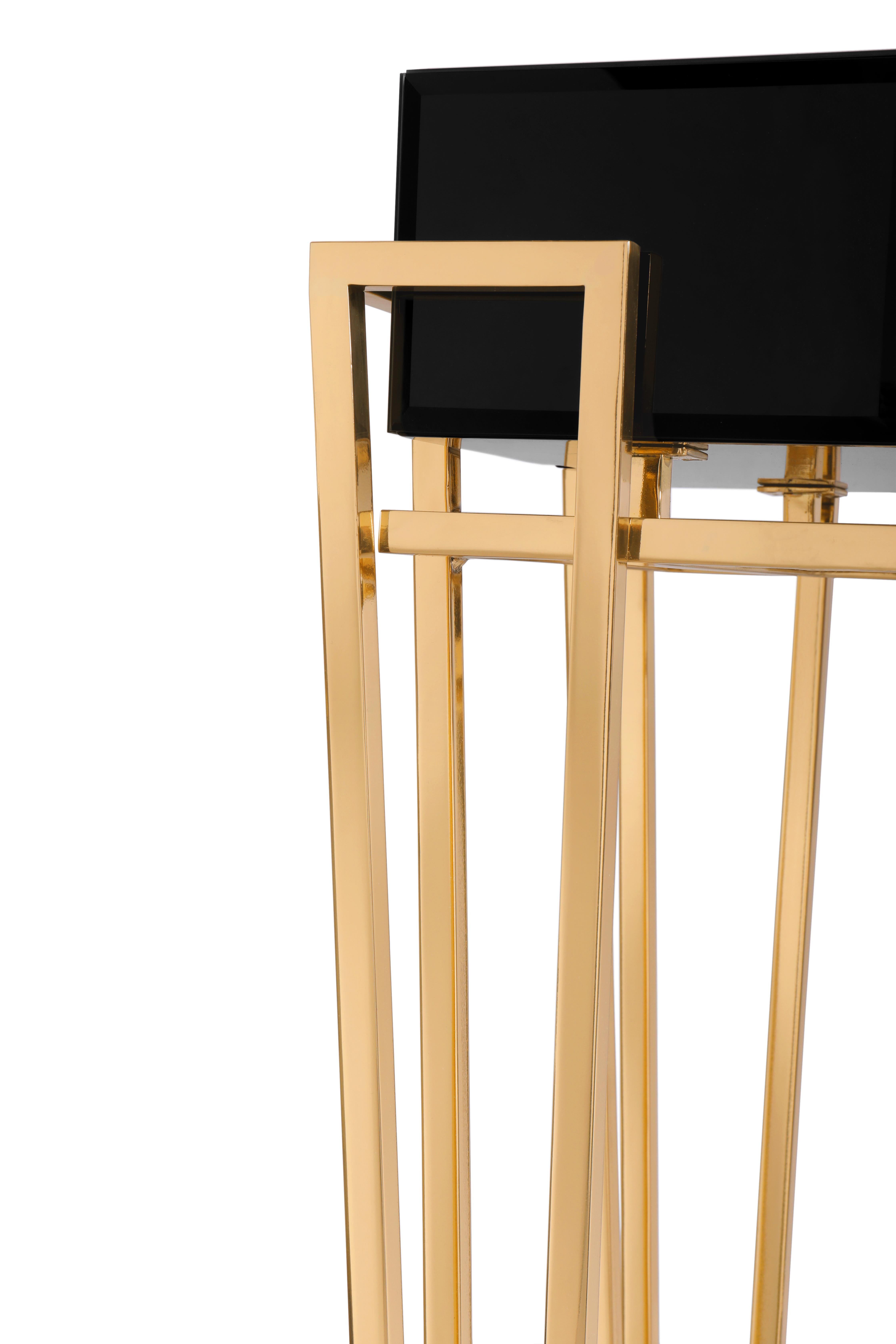 Nubian Console Table with Brass, Black Glass Top and Walnut Root Venner For Sale 1