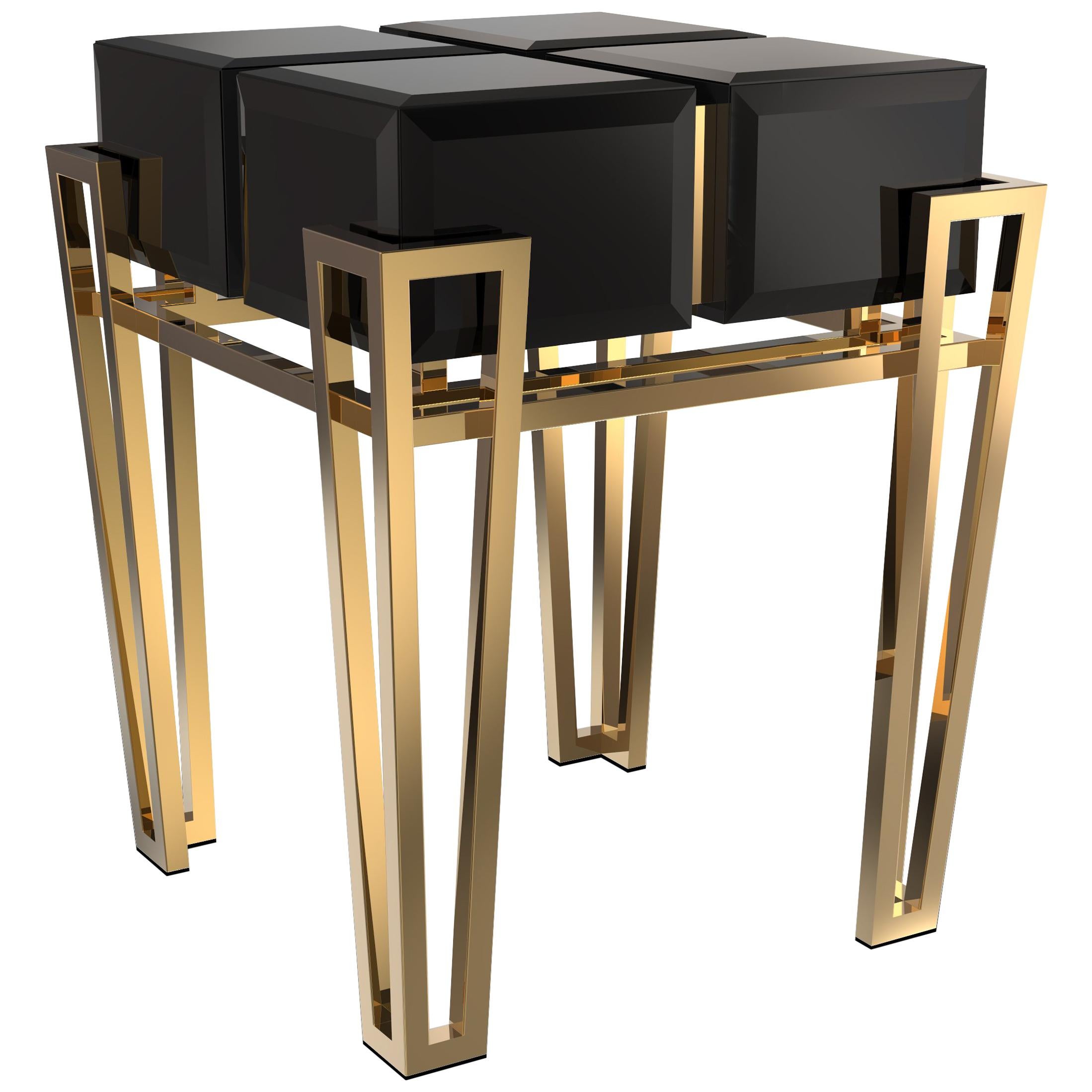 Luxxu Nubian Side Table in Black Lacquer with Black Glass with Brass Legs For Sale