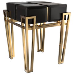 Luxxu Nubian Side Table in Black Lacquer with Black Glass with Brass Legs
