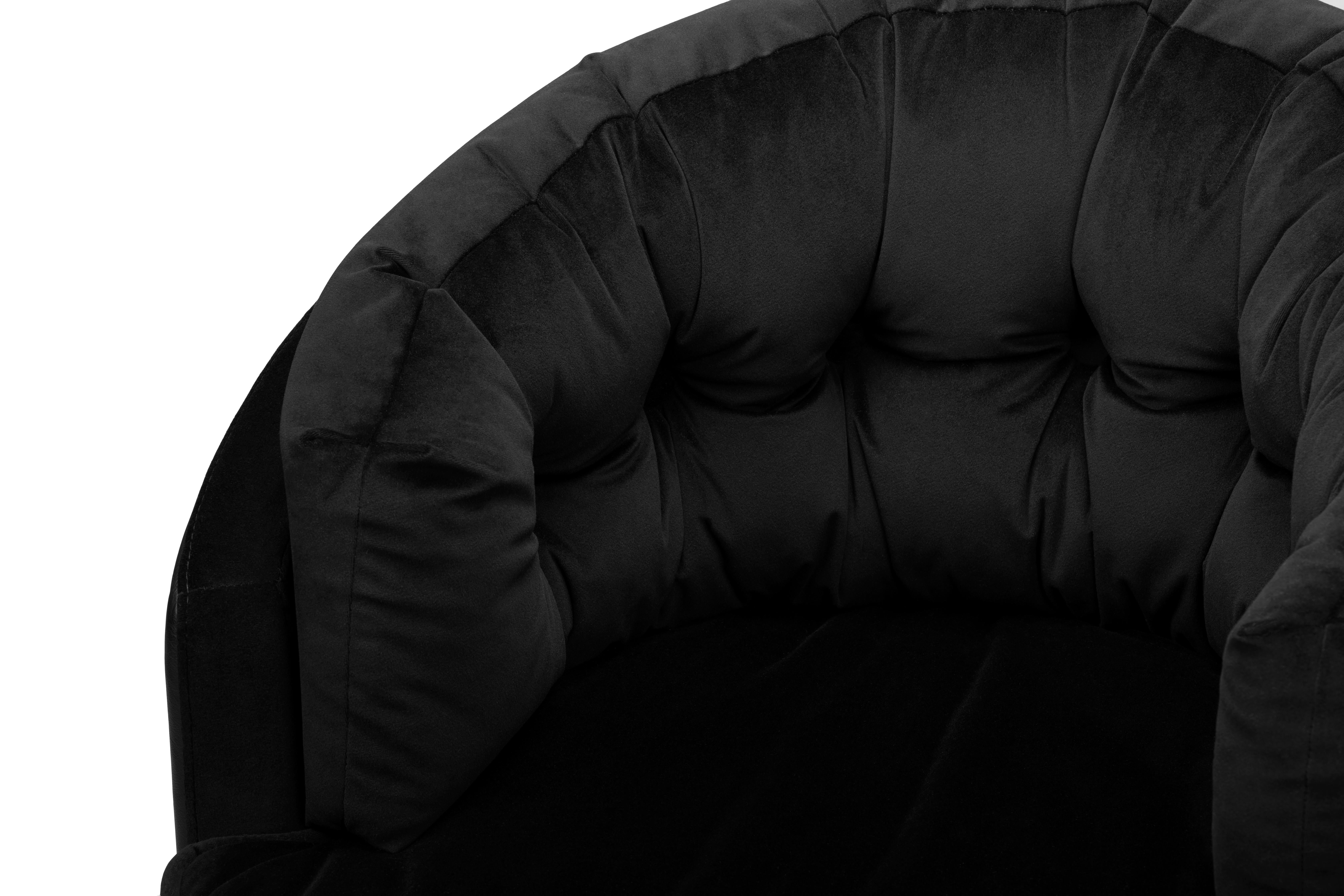 Contemporary Otto Armchair in Black Leather and Velvet Upholstery with Brass Details For Sale