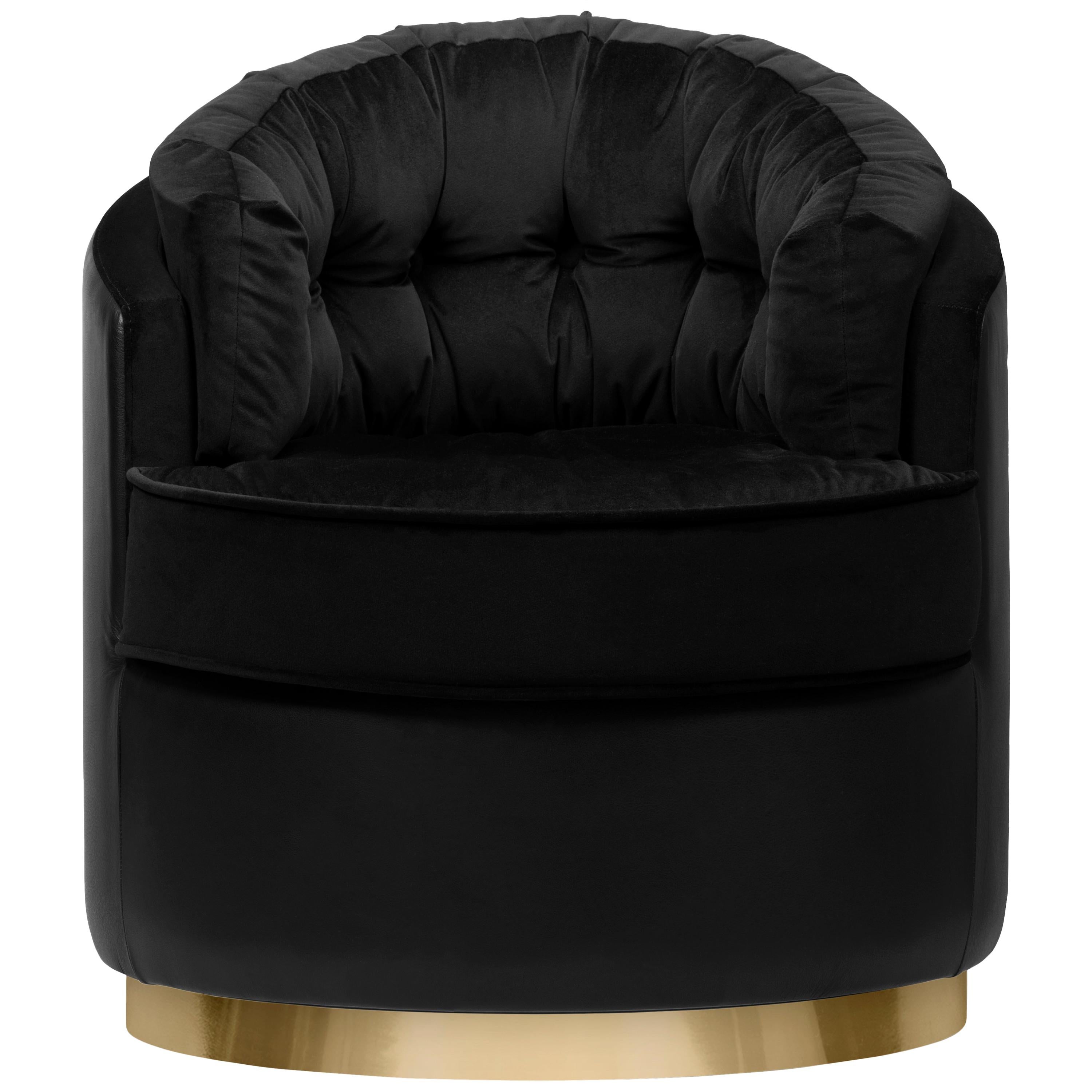 Otto Armchair in Black Leather and Velvet Upholstery with Brass Details For Sale