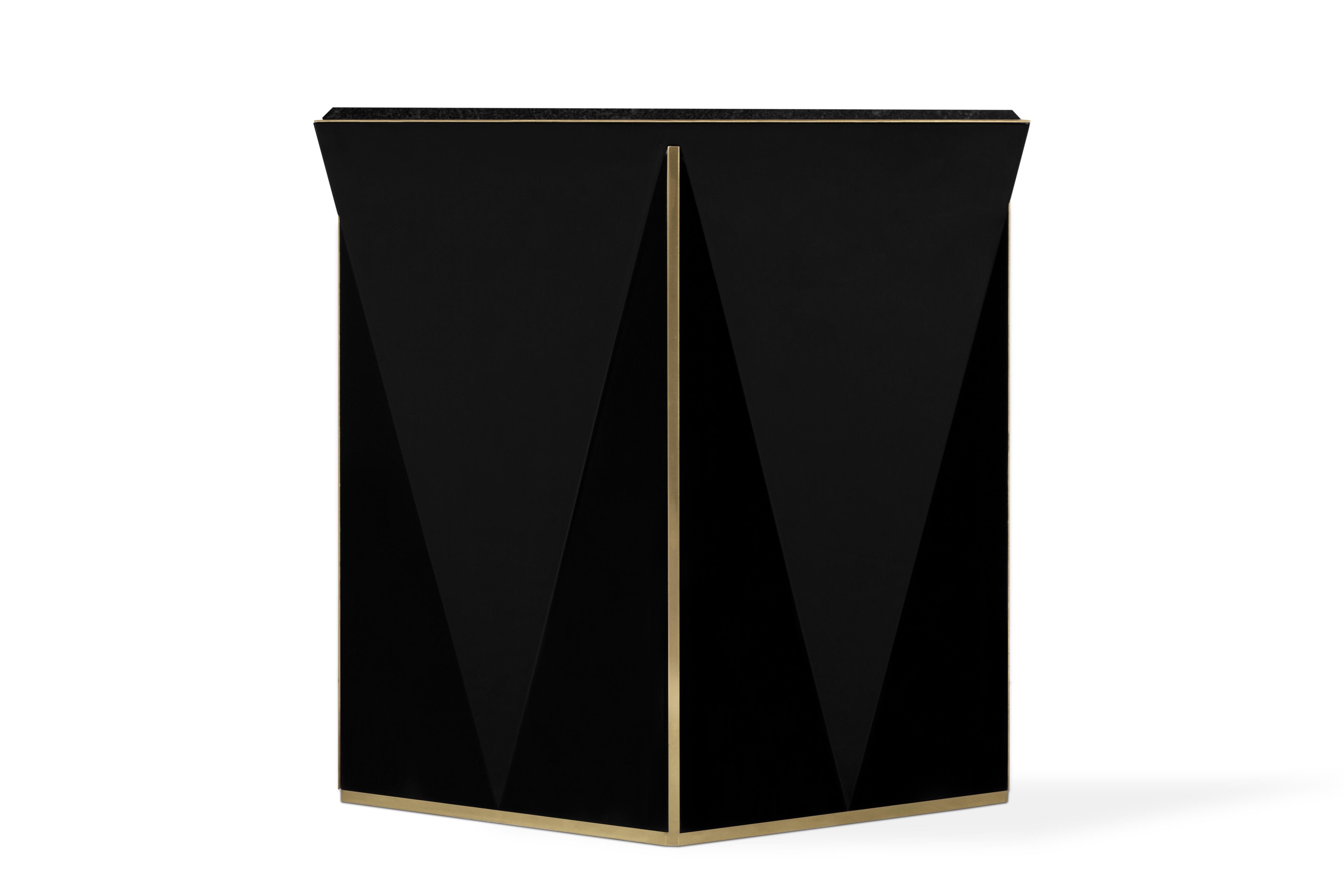 Contemporary Prisma Side Table with Brass Detail and Nero Marquina Marble Top For Sale