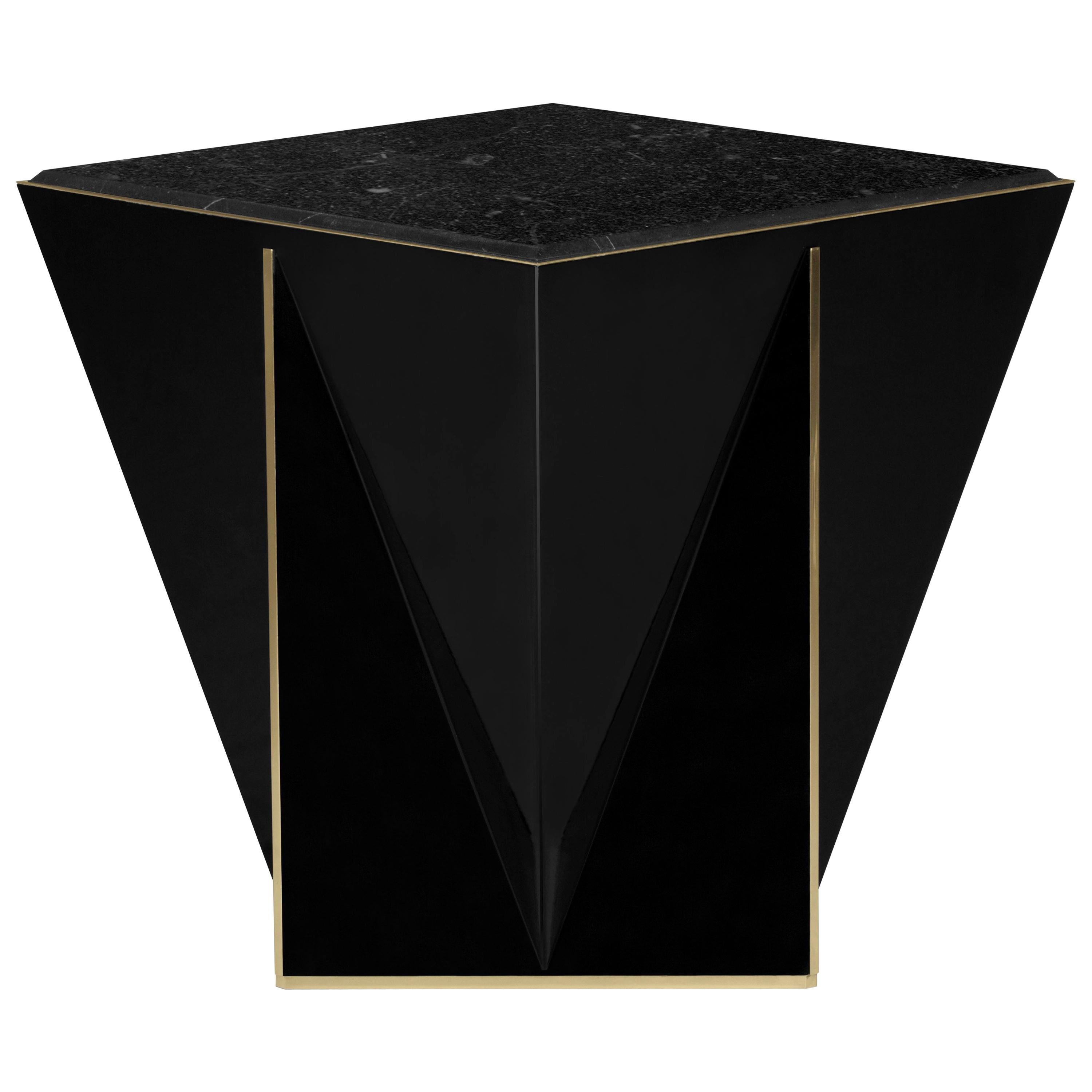 Prisma Side Table with Brass Detail and Nero Marquina Marble Top For Sale