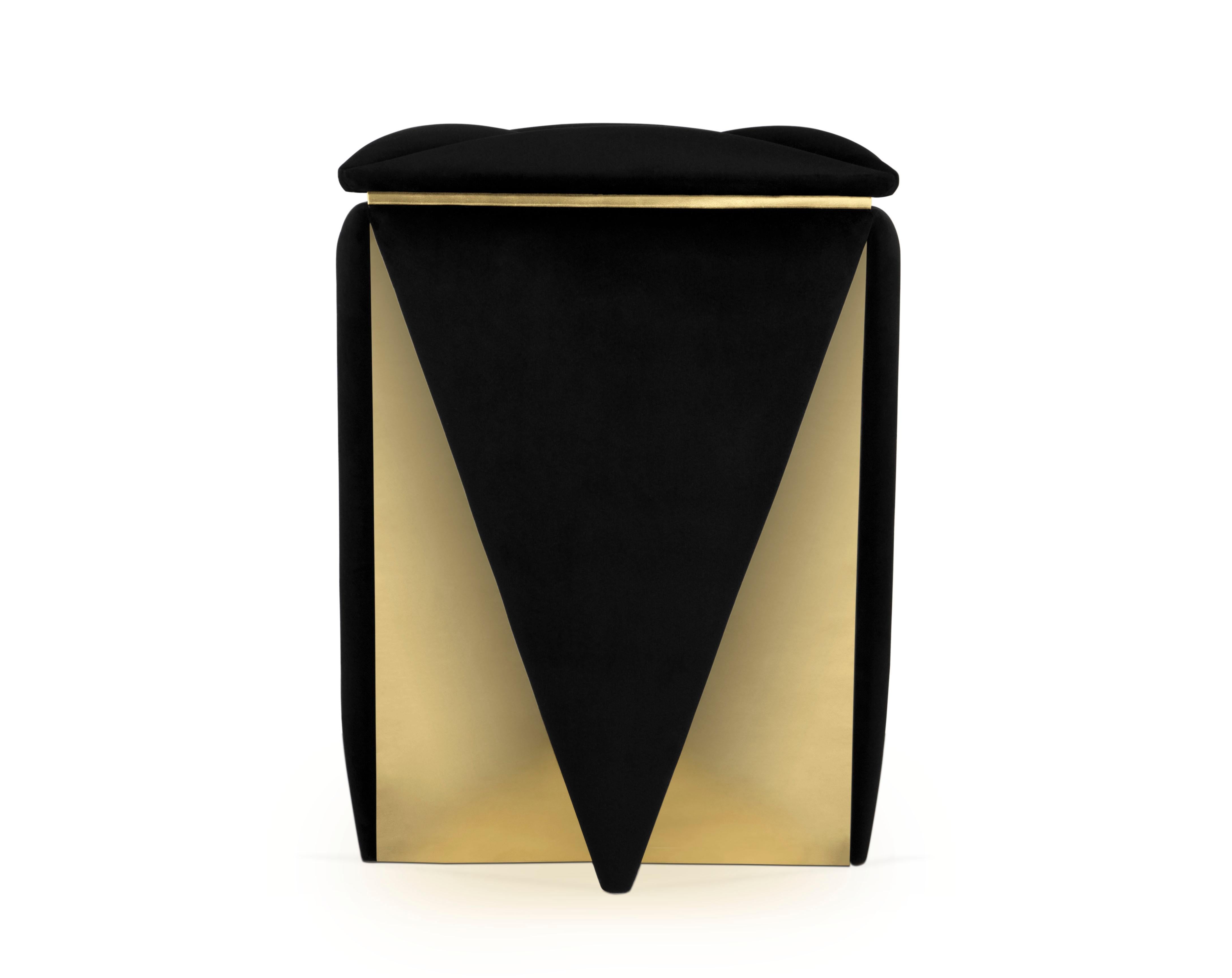 Modern Prisma Stool with Black Velvet Seat and Brass Details For Sale