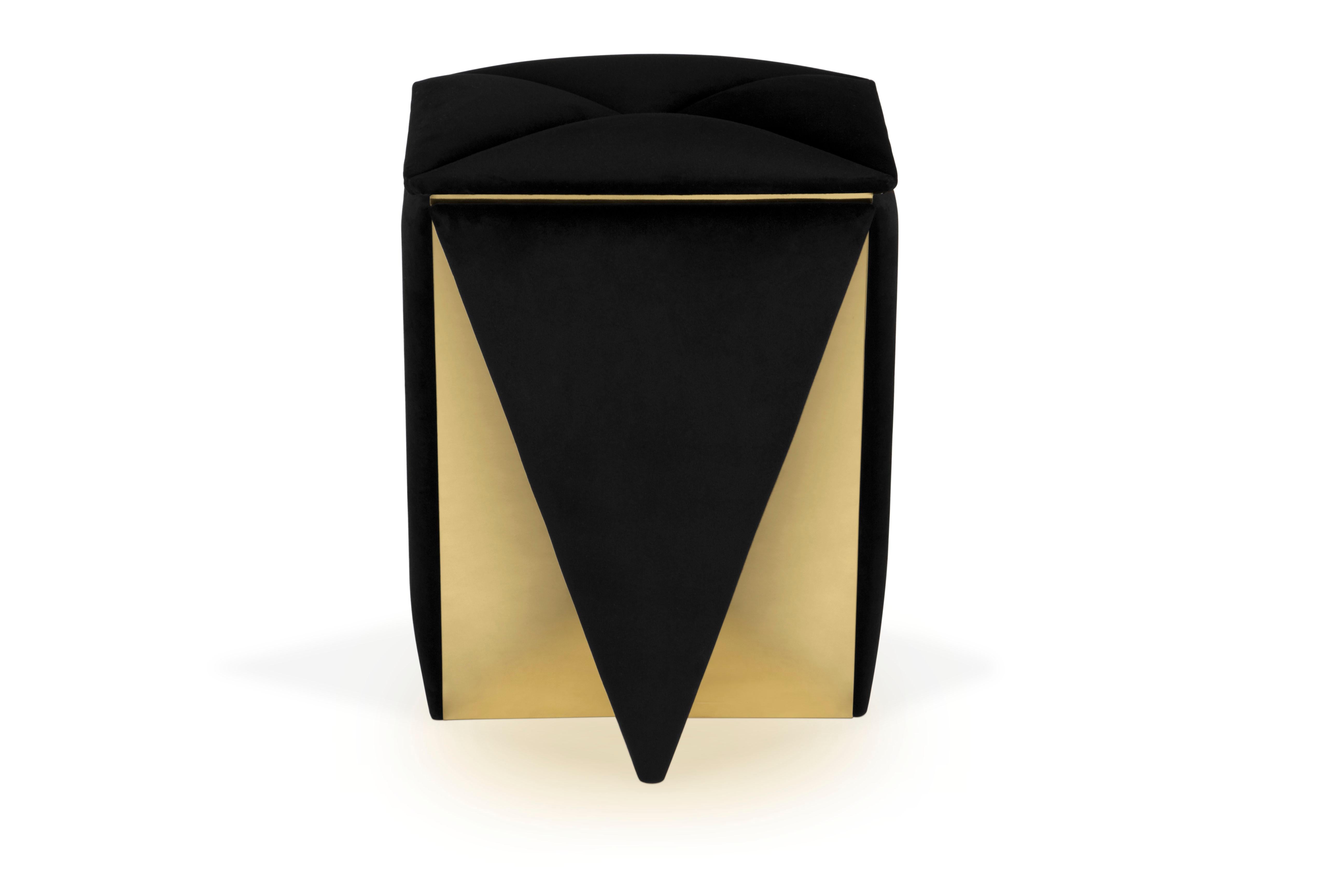 Portuguese Prisma Stool with Black Velvet Seat and Brass Details For Sale