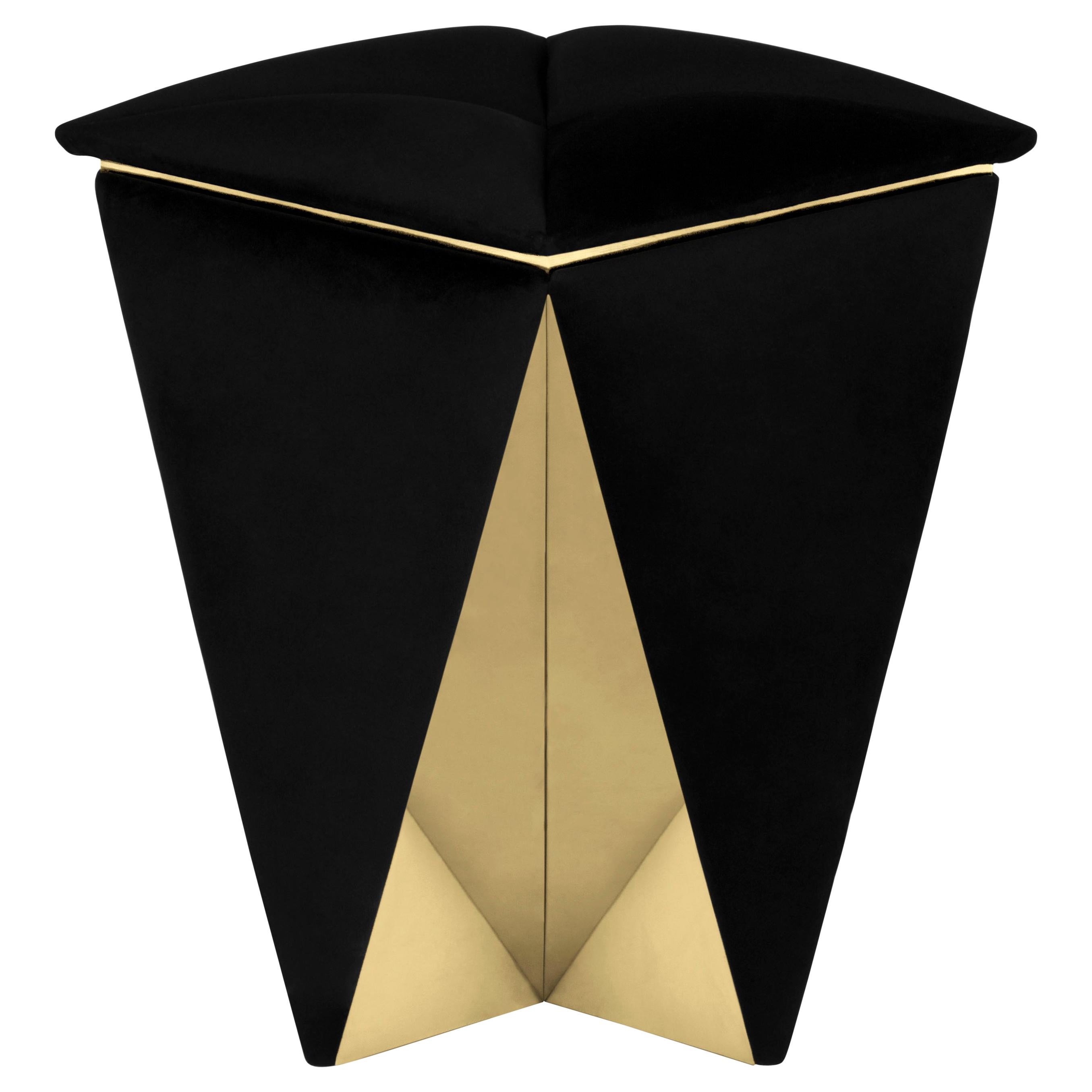 Prisma Stool with Black Velvet Seat and Brass Details For Sale