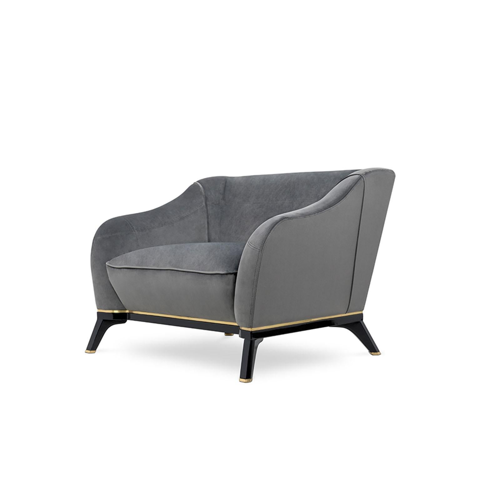 Modern Saboteur Armchair in Gray Velvet with Black Leather Base For Sale