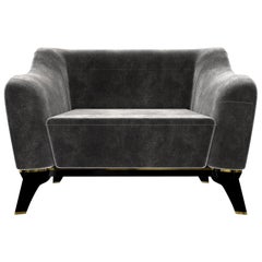 Saboteur Armchair in Gray Velvet with Black Leather Base