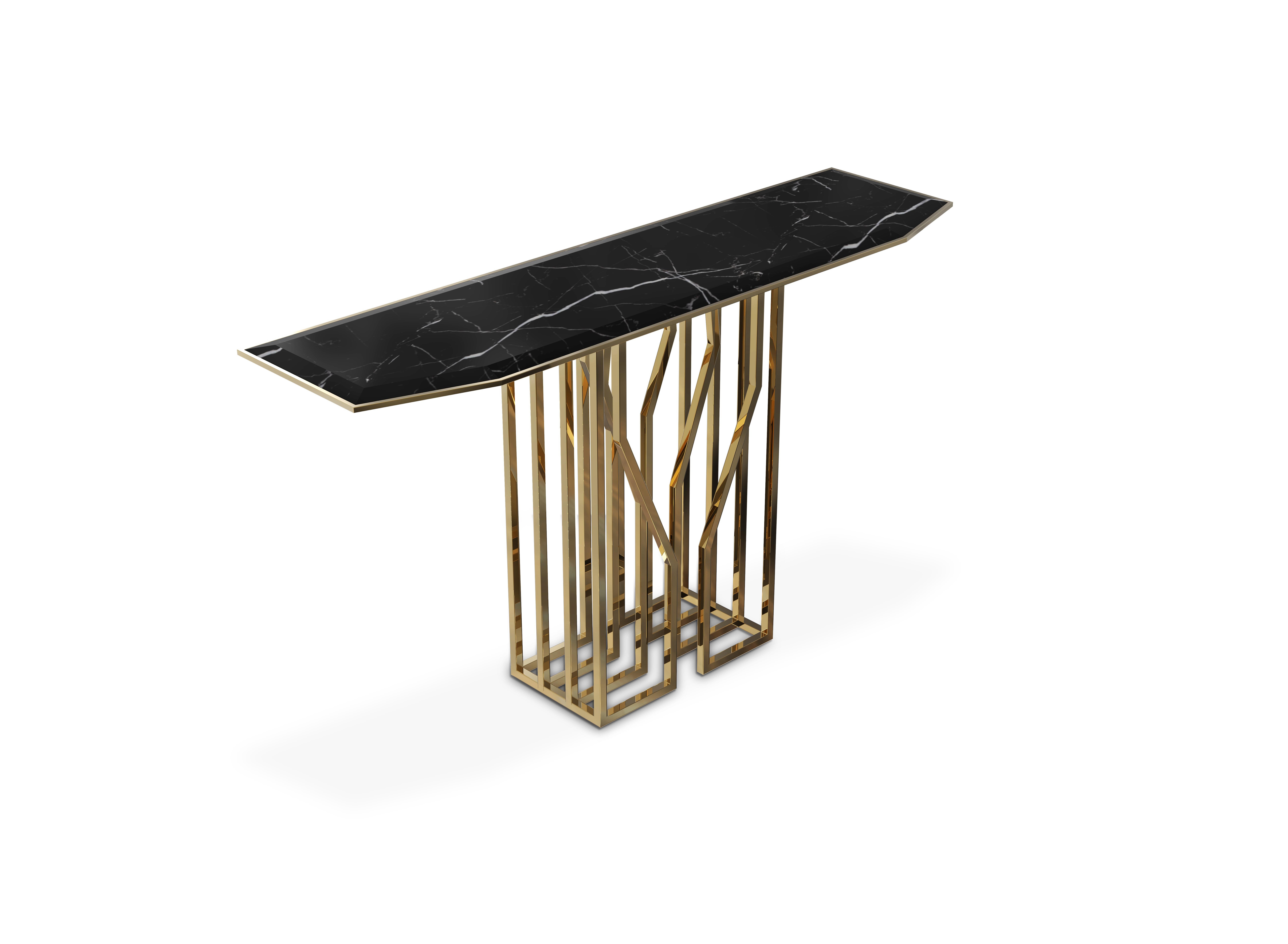 Modern Scarp Console Table with Nero Marquina Marble Top and Brass Legs For Sale