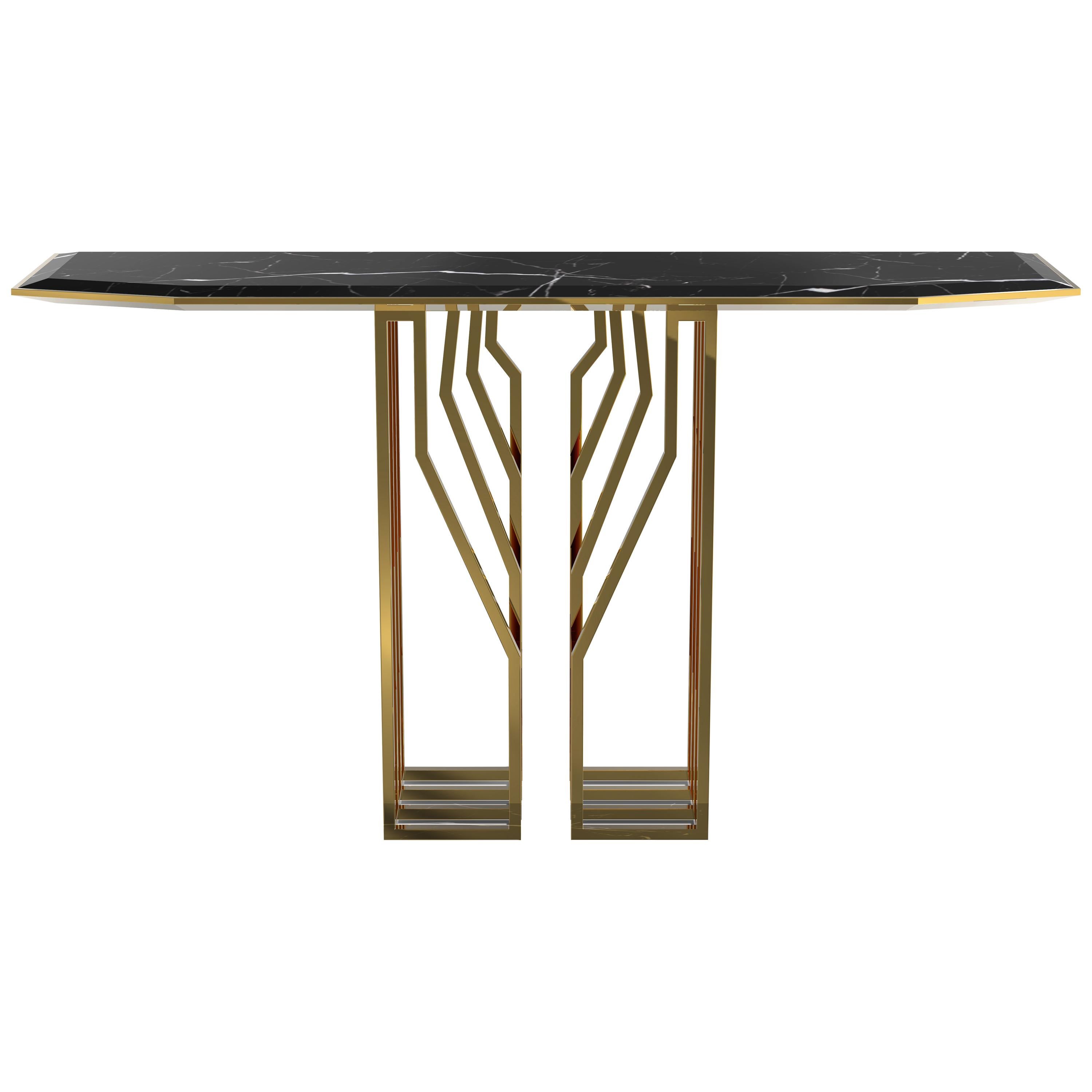 Scarp Console Table with Nero Marquina Marble Top and Brass Legs For Sale