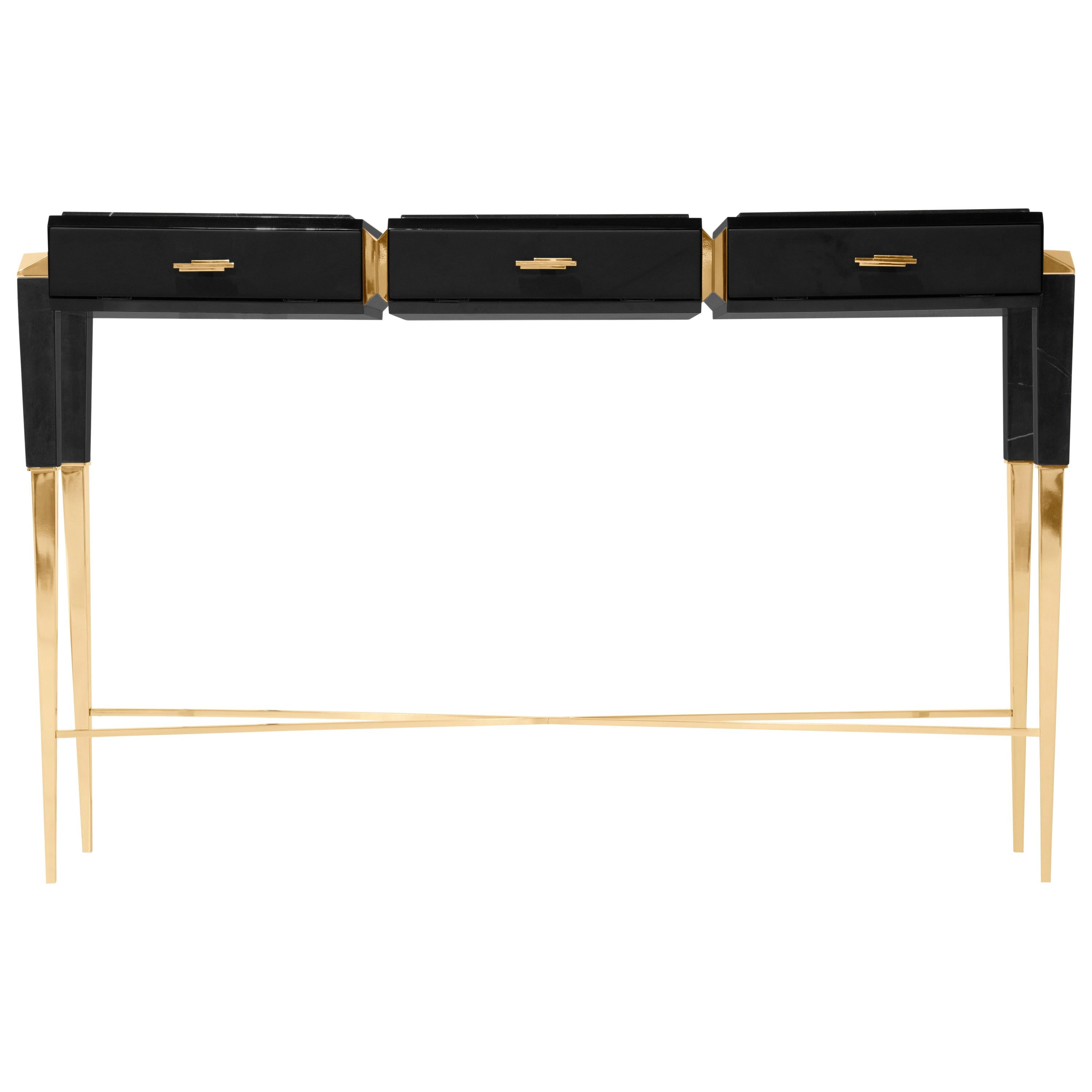 Luxxu Spear Console with Brass Base, Black Marble Top and Leather Detail For Sale