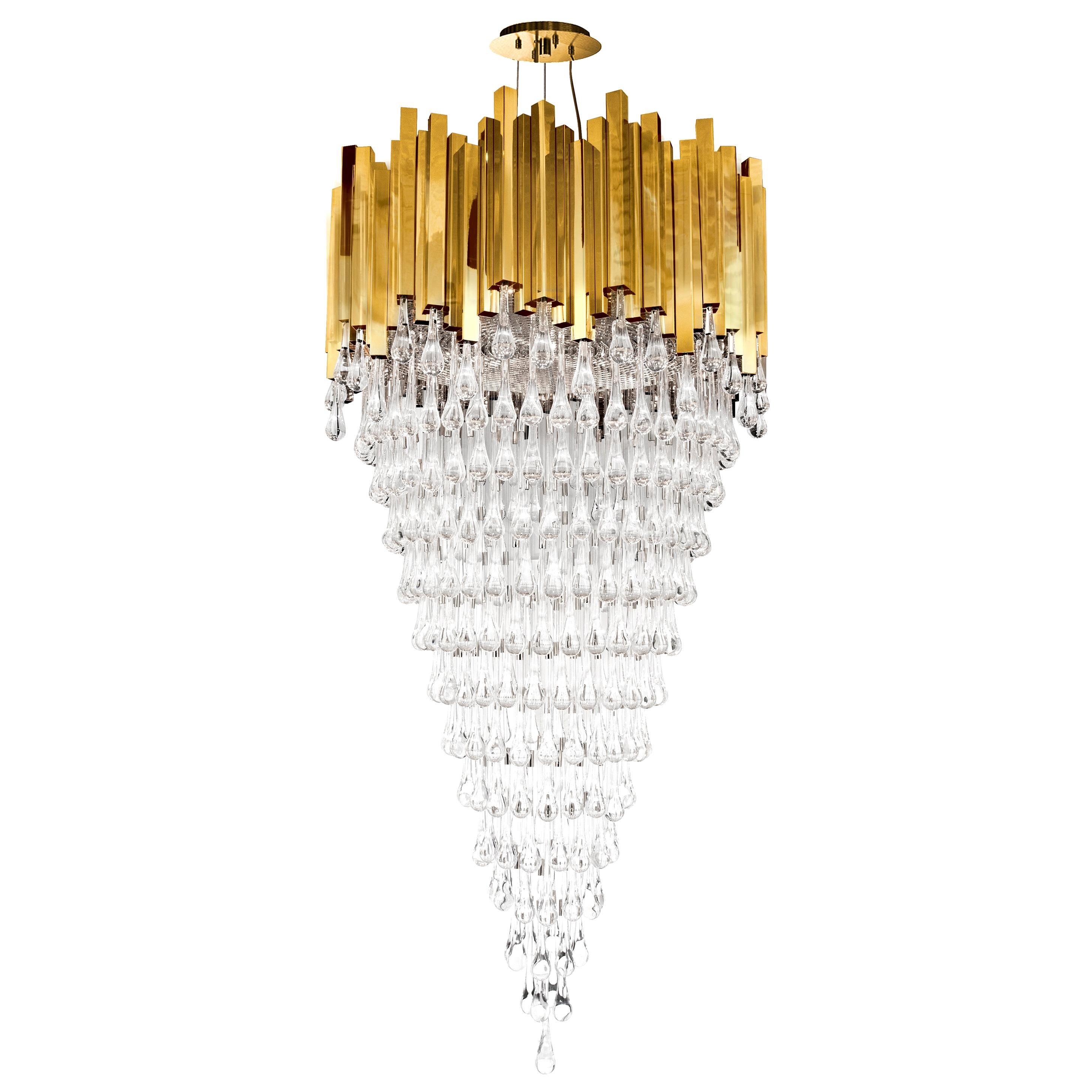 Trump Chandelier in Golden Plated Brass with Cascading Crystal Glass Details For Sale