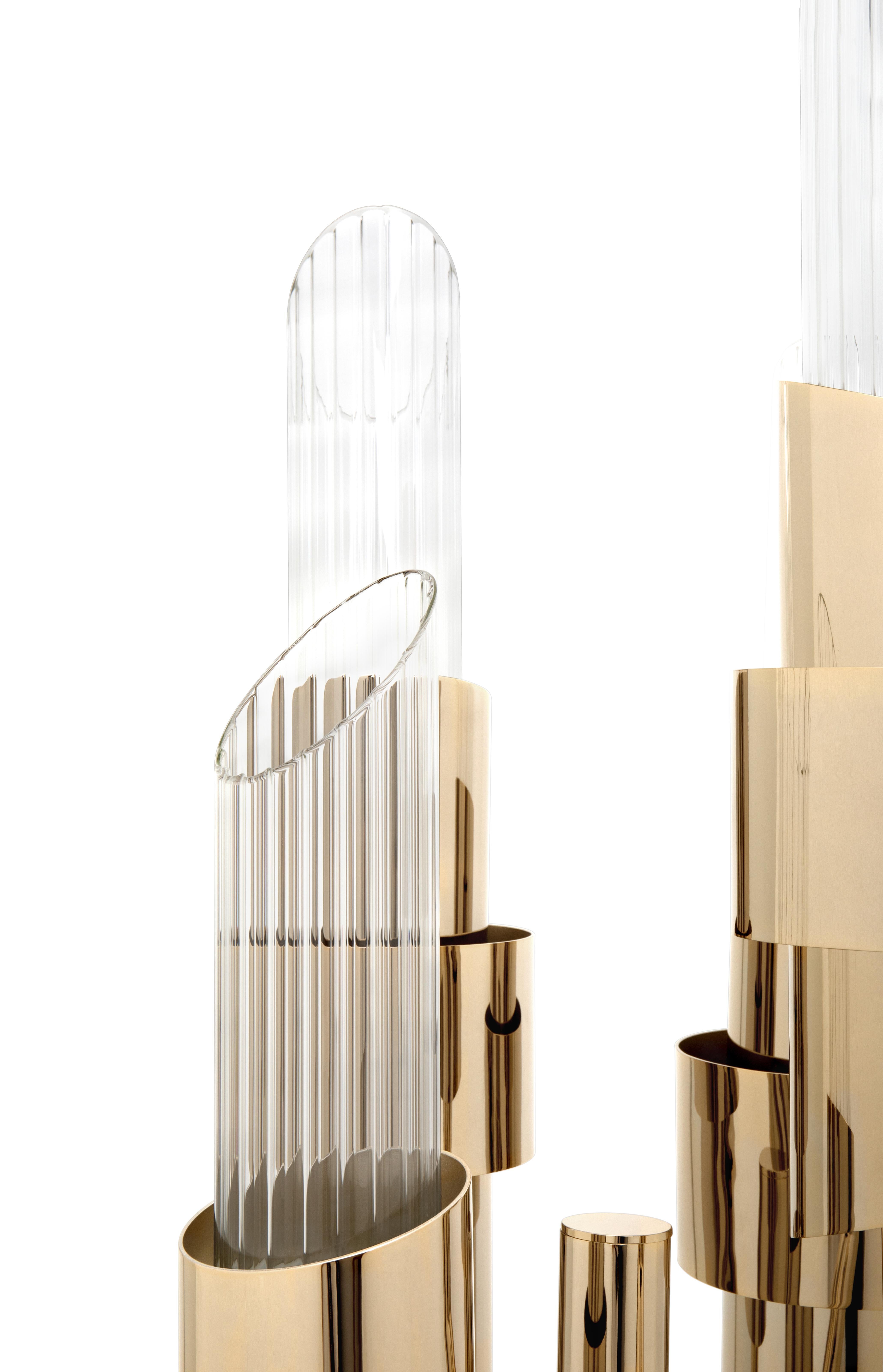 Modern Tycho Floor Lamp in Brass with Ribbed Crystal Glass Details For Sale